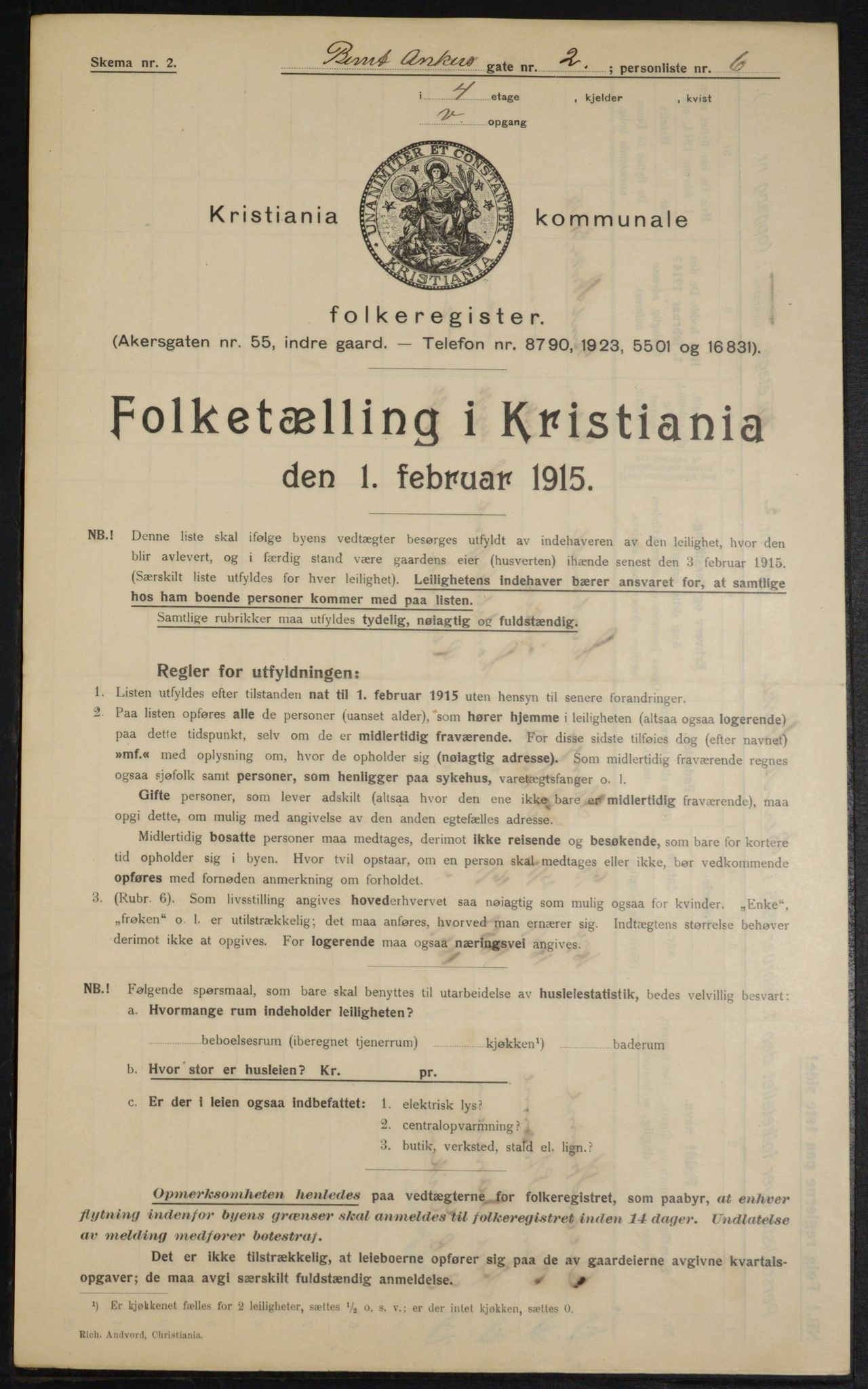 OBA, Municipal Census 1915 for Kristiania, 1915, p. 4614