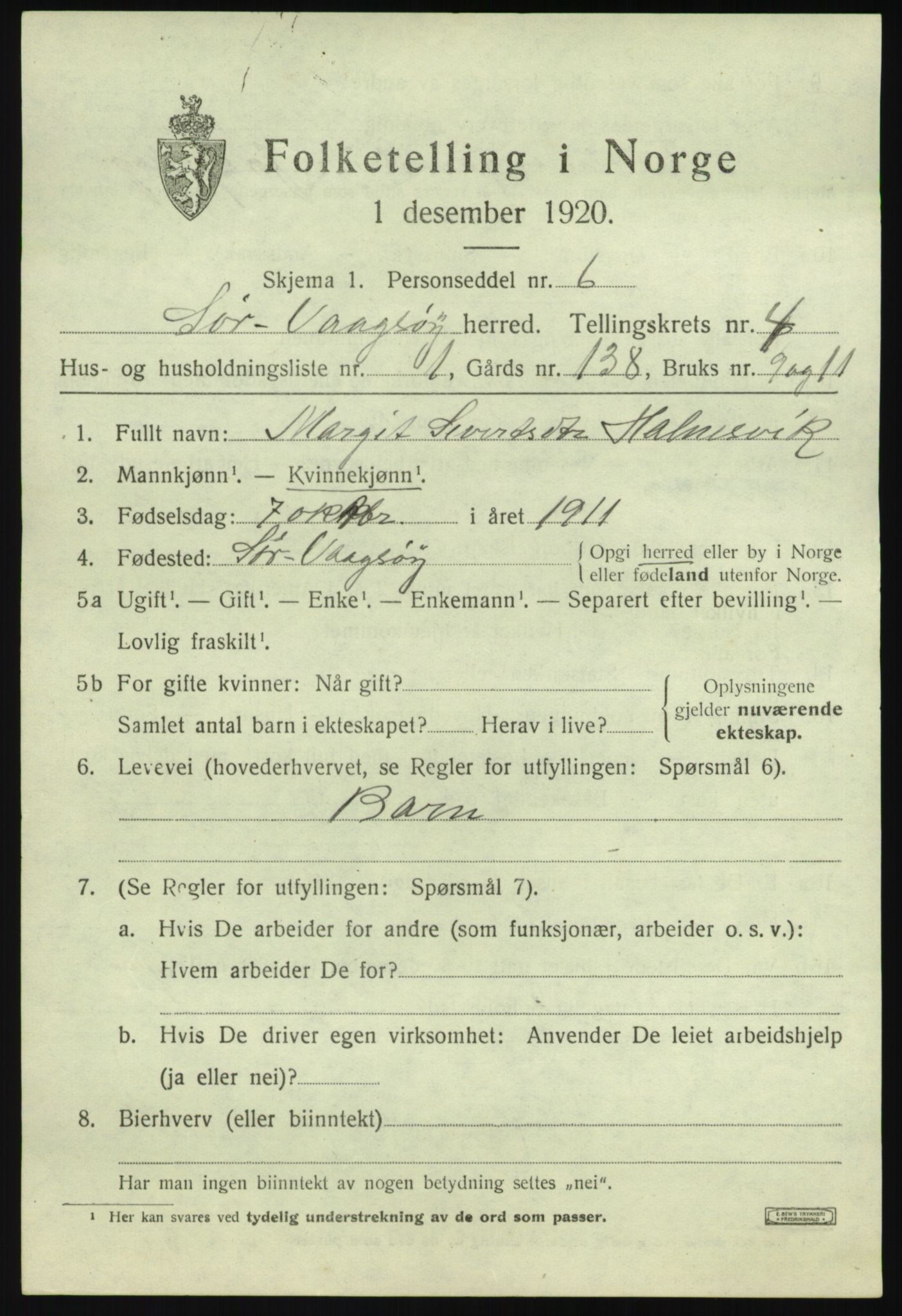 SAB, 1920 census for Sør-Vågsøy, 1920, p. 1830