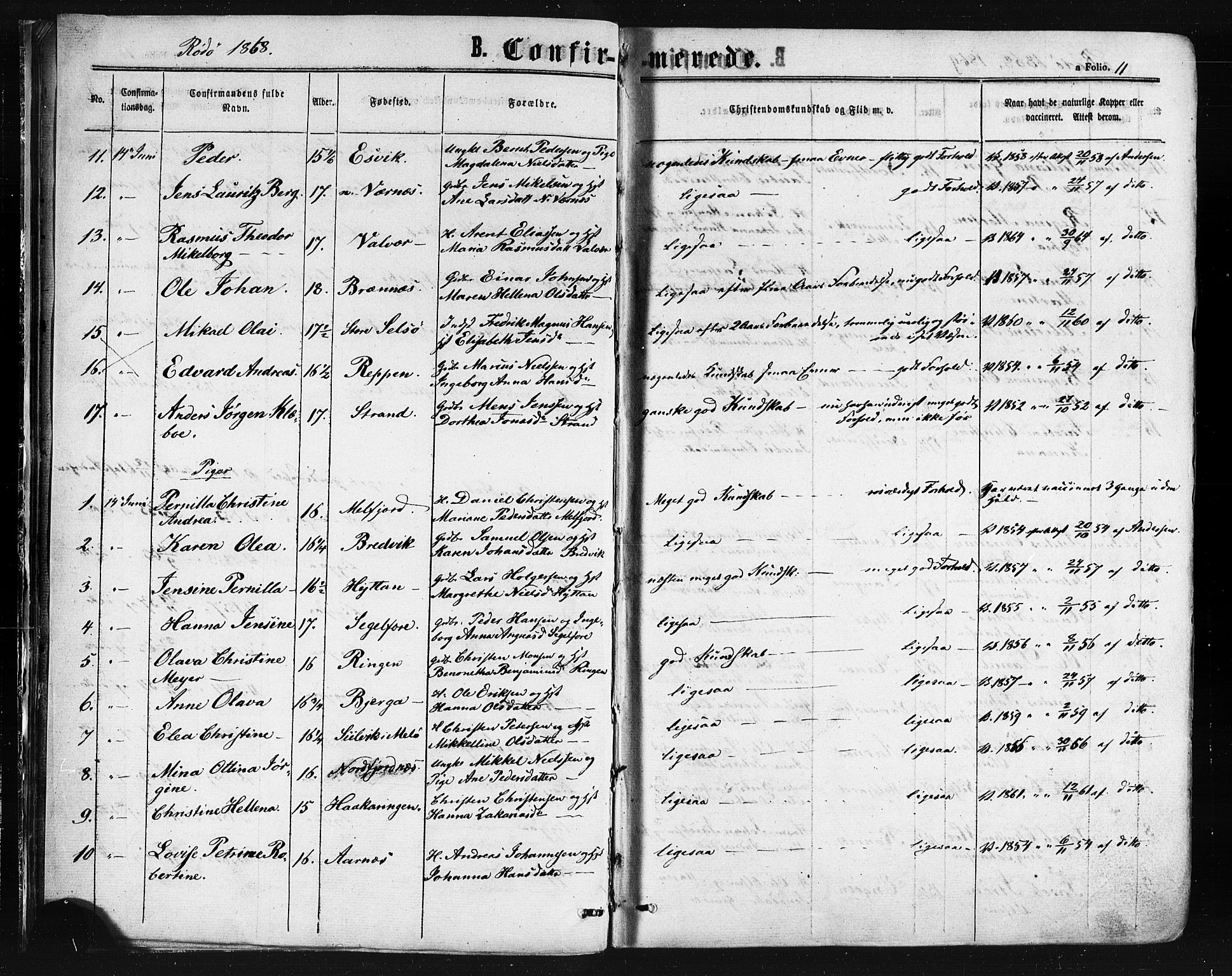 Ministerialprotokoller, klokkerbøker og fødselsregistre - Nordland, SAT/A-1459/841/L0607: Parish register (official) no. 841A11 /1, 1863-1877, p. 11