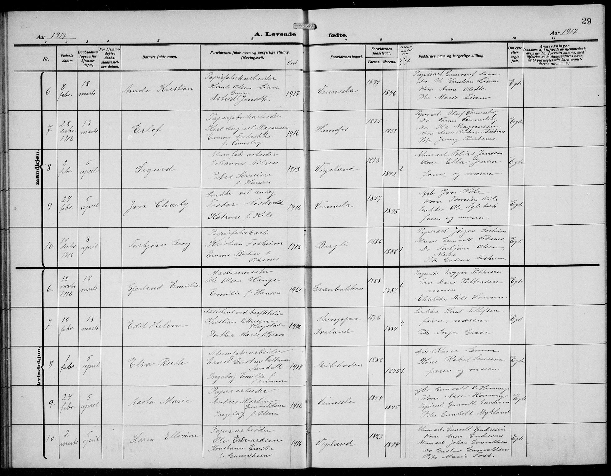 Vennesla sokneprestkontor, AV/SAK-1111-0045/Fb/Fbb/L0006: Parish register (copy) no. B 6, 1914-1921, p. 29