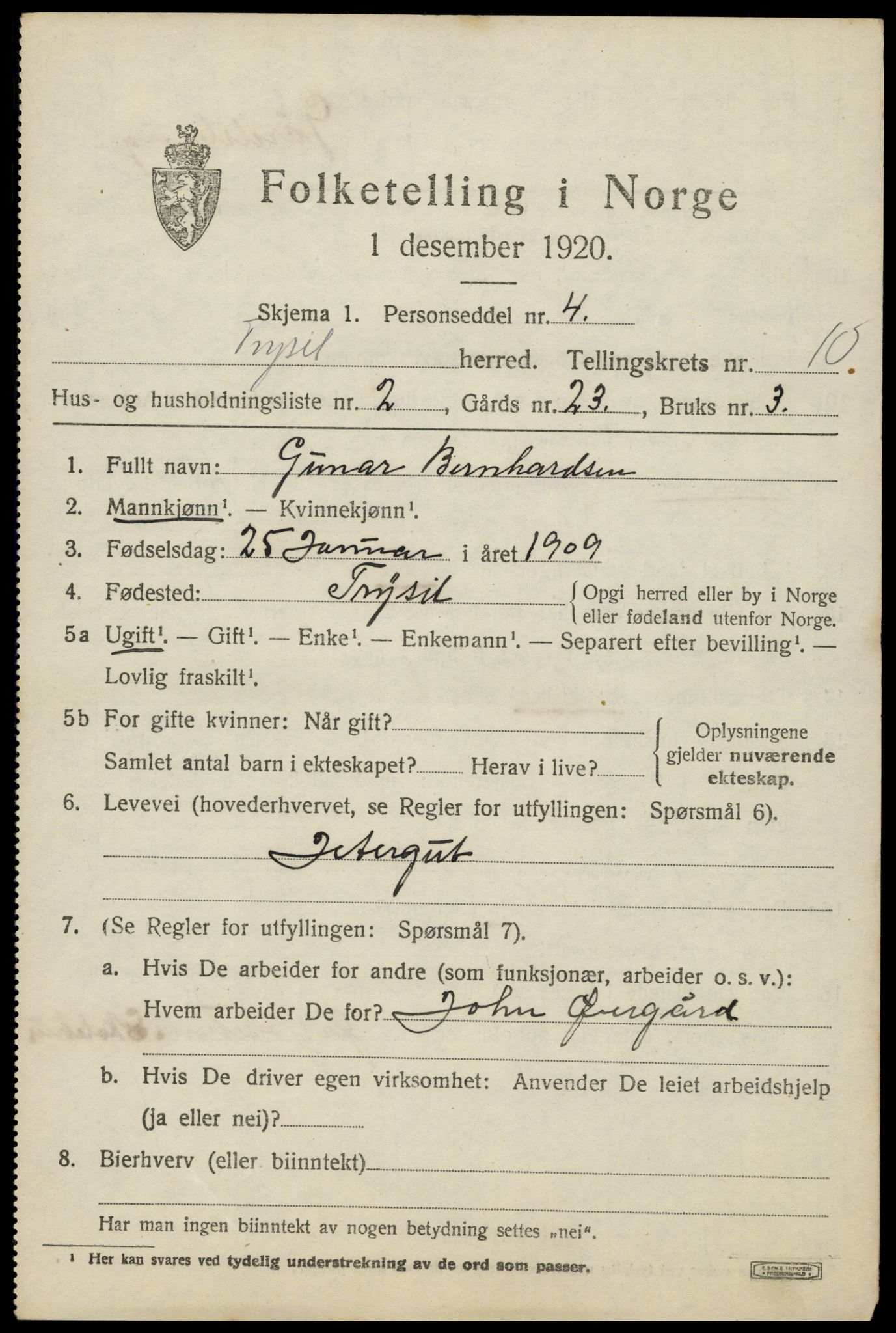 SAH, 1920 census for Trysil, 1920, p. 6879