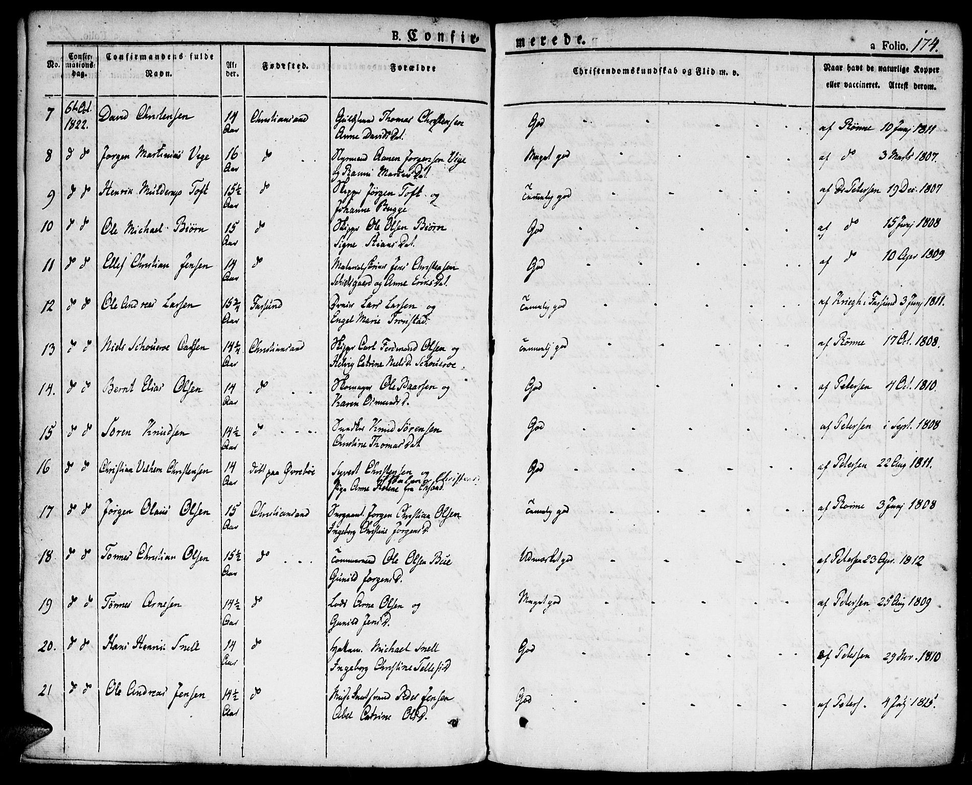 Kristiansand domprosti, SAK/1112-0006/F/Fa/L0009: Parish register (official) no. A 9, 1821-1827, p. 174