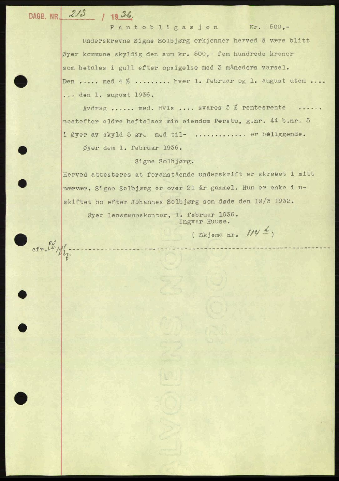 Sør-Gudbrandsdal tingrett, SAH/TING-004/H/Hb/Hbe/L0001: Mortgage book no. B1, 1936-1939, Diary no: : 213/1936