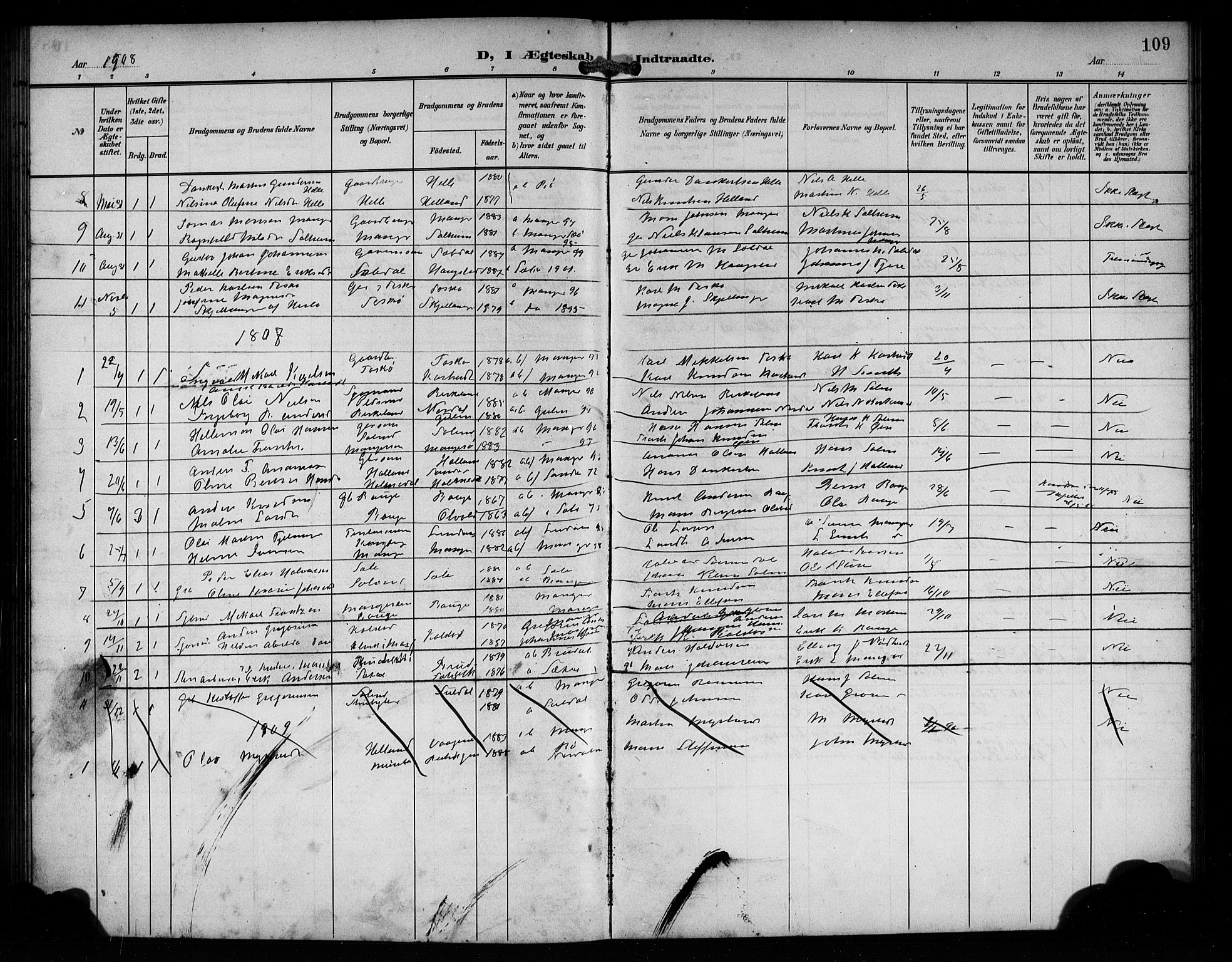 Manger sokneprestembete, SAB/A-76801/H/Hab: Parish register (copy) no. A 2, 1902-1923, p. 109