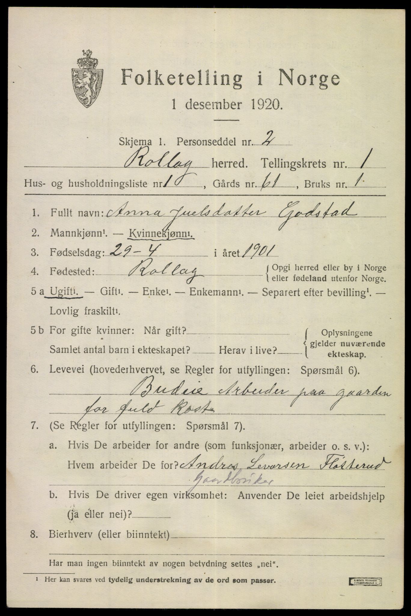 SAKO, 1920 census for Rollag, 1920, p. 570