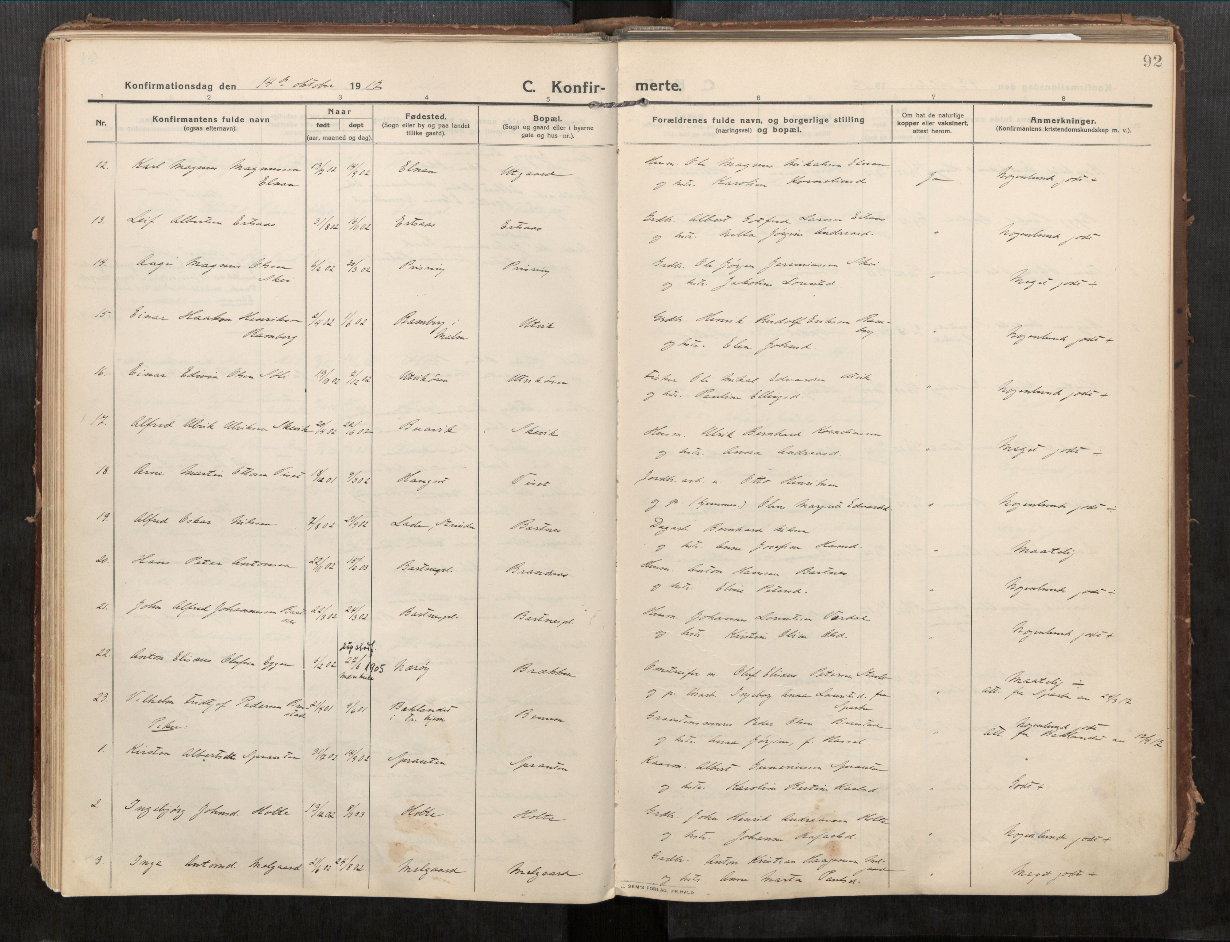 Beitstad sokneprestkontor, SAT/A-1162/I/I1/I1a/L0001: Parish register (official) no. 1, 1912-1927, p. 92