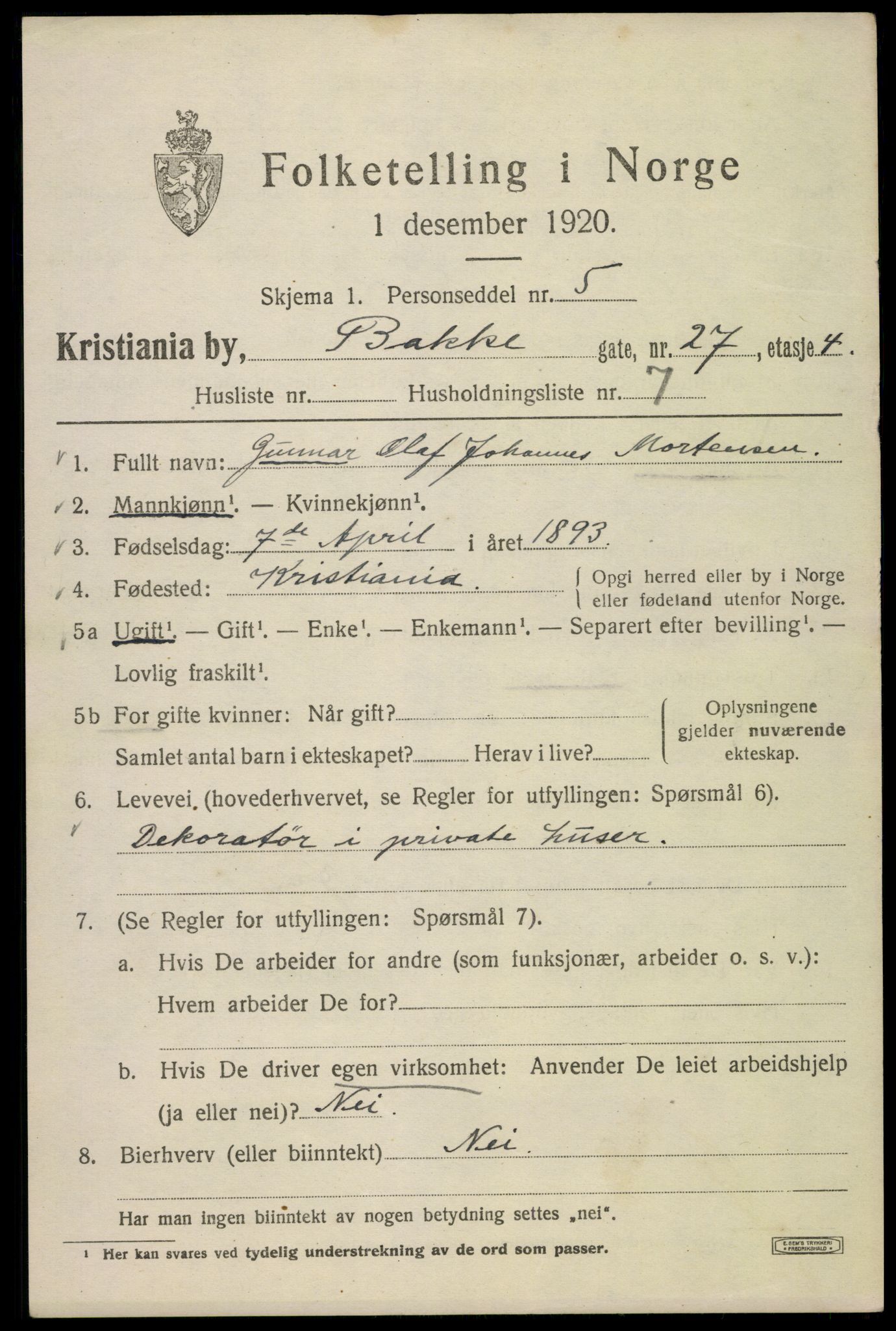 SAO, 1920 census for Kristiania, 1920, p. 148893