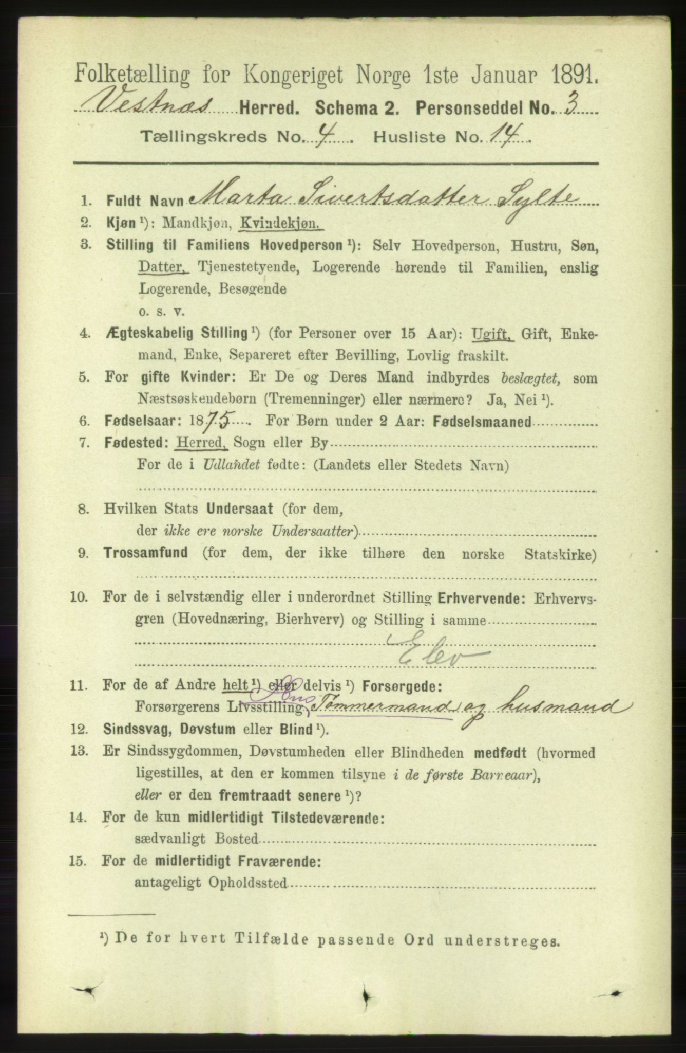 RA, 1891 census for 1535 Vestnes, 1891, p. 1375