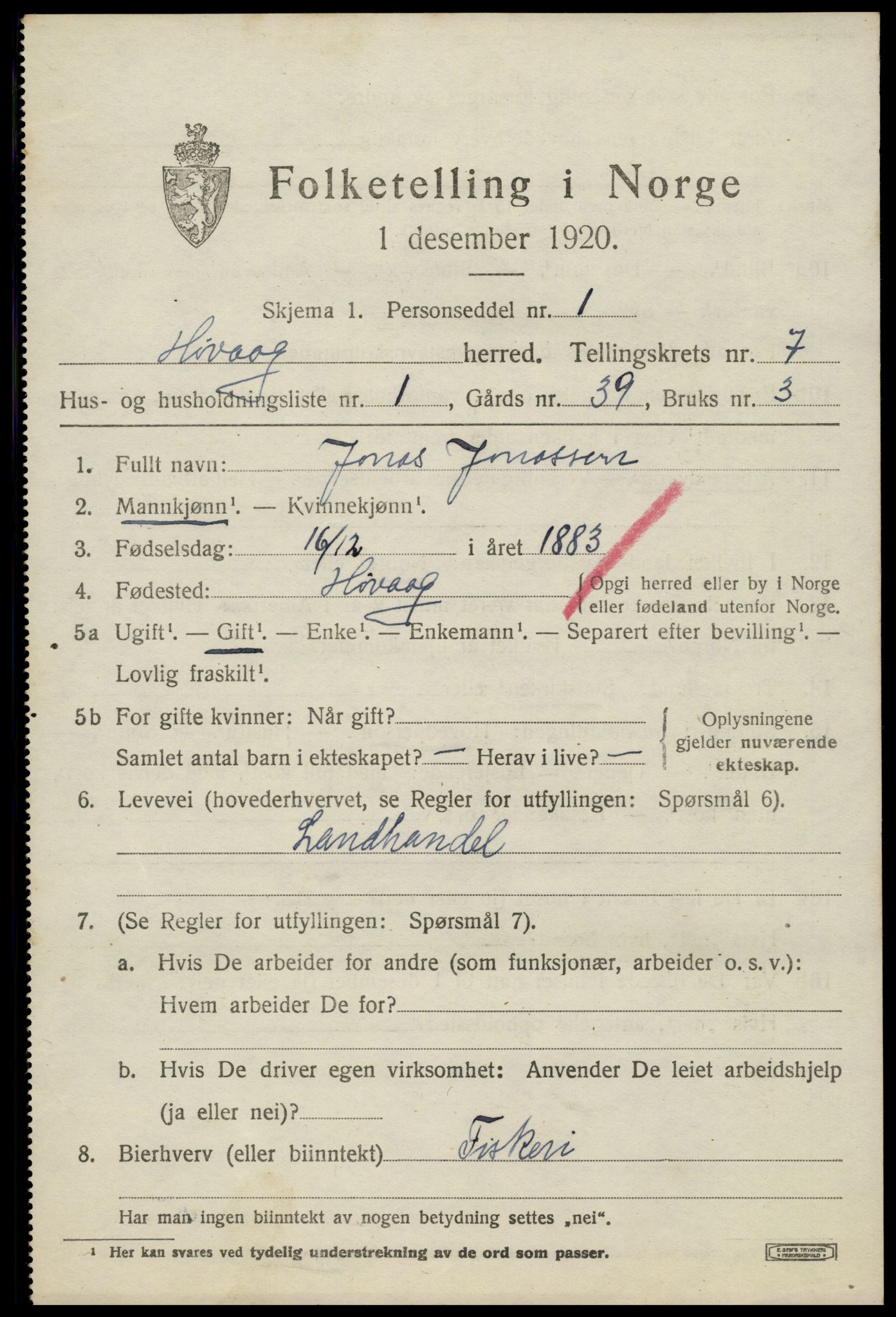 SAK, 1920 census for Høvåg, 1920, p. 3818