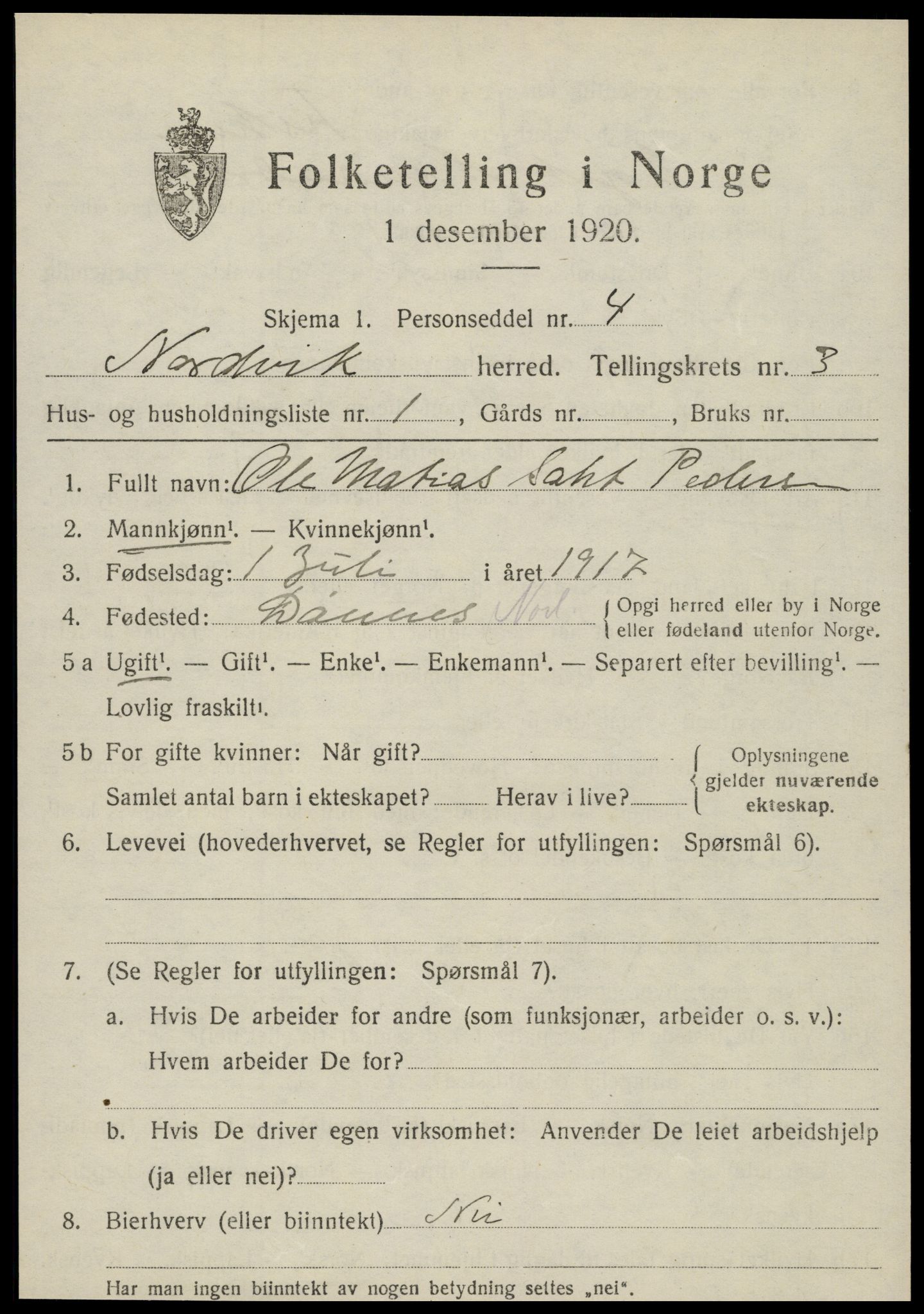 SAT, 1920 census for Nordvik, 1920, p. 1292