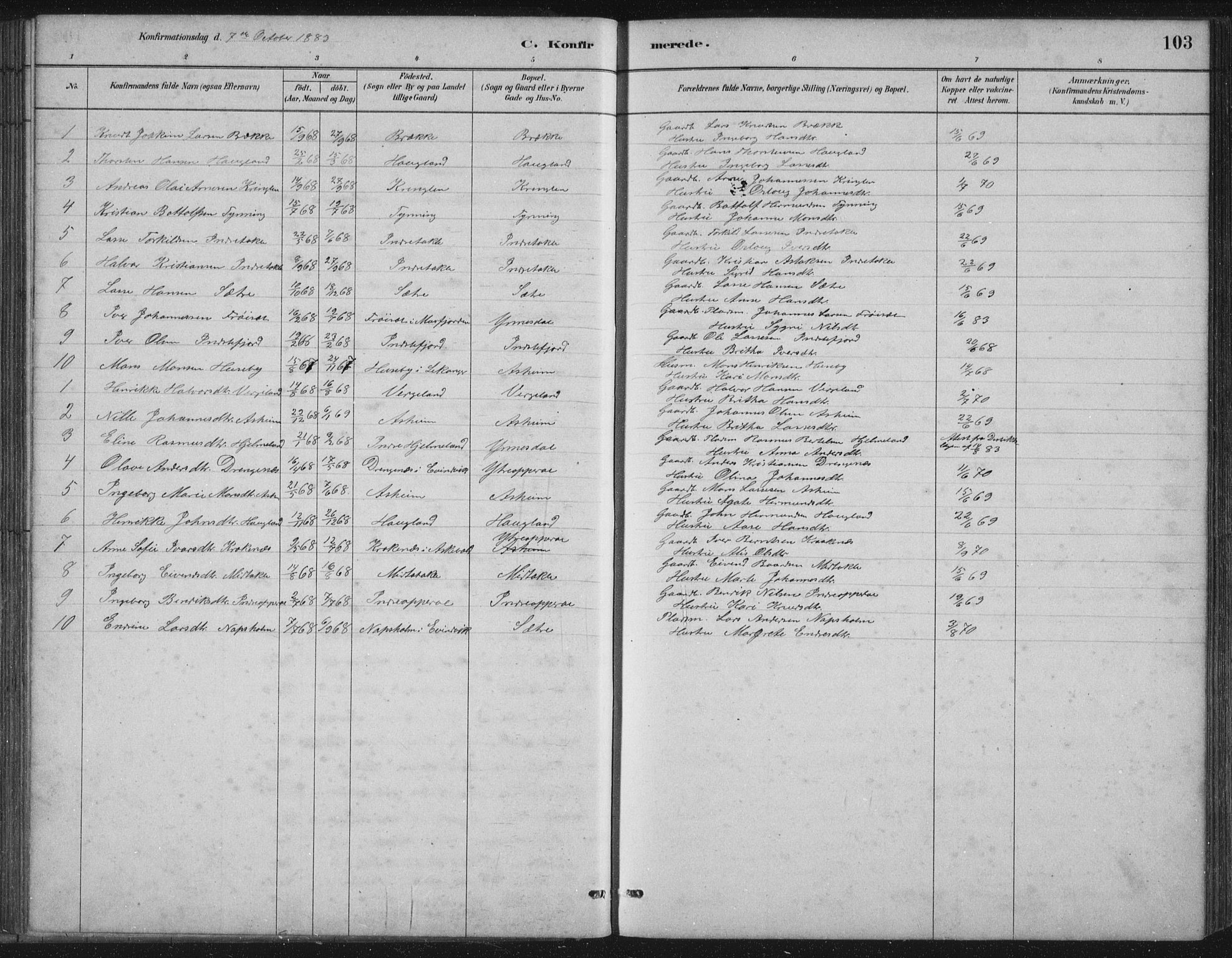 Gulen sokneprestembete, SAB/A-80201/H/Hab/Habc/L0002: Parish register (copy) no. C 2, 1880-1938, p. 103