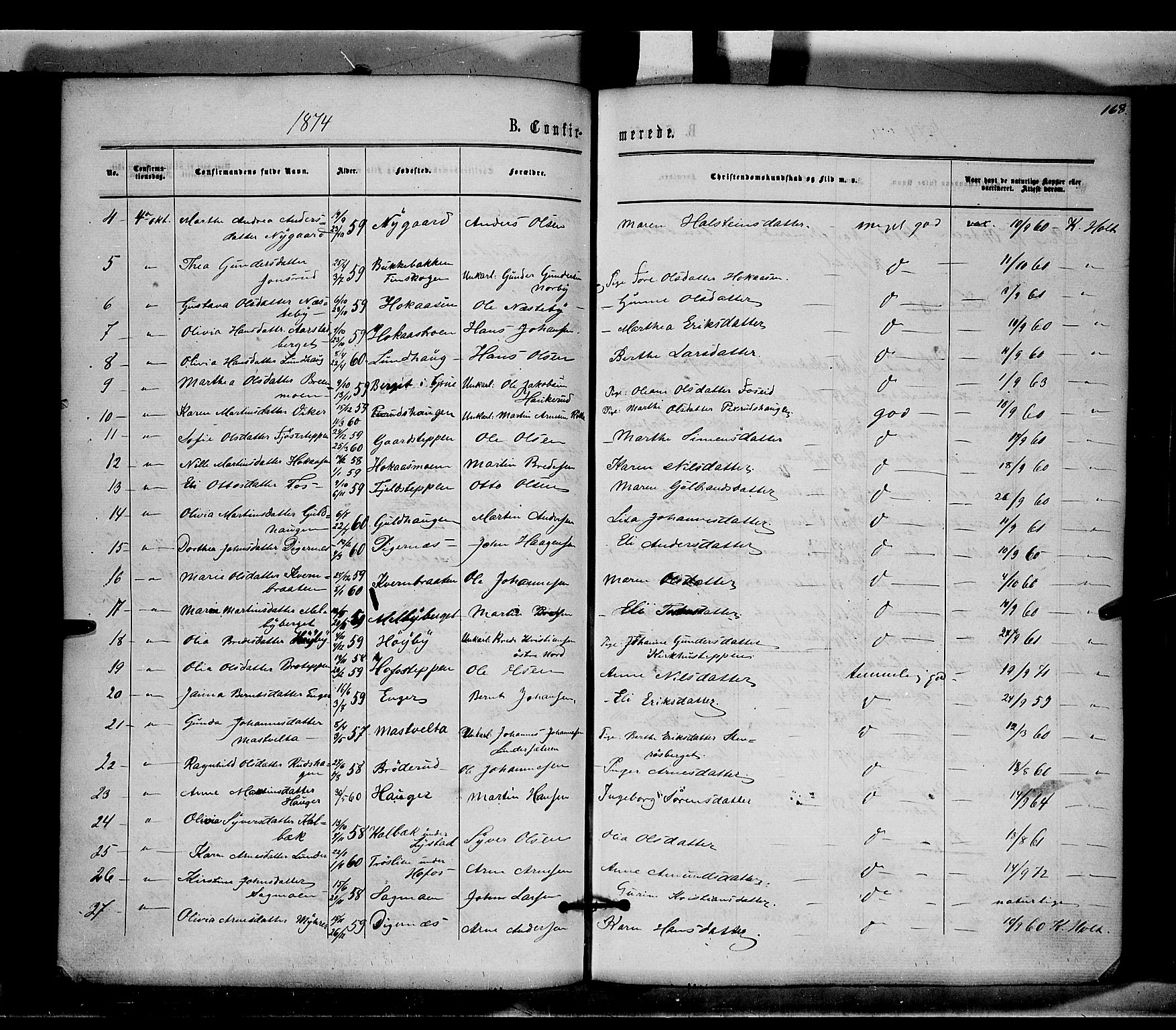 Brandval prestekontor, SAH/PREST-034/H/Ha/Haa/L0001: Parish register (official) no. 1, 1864-1879, p. 168