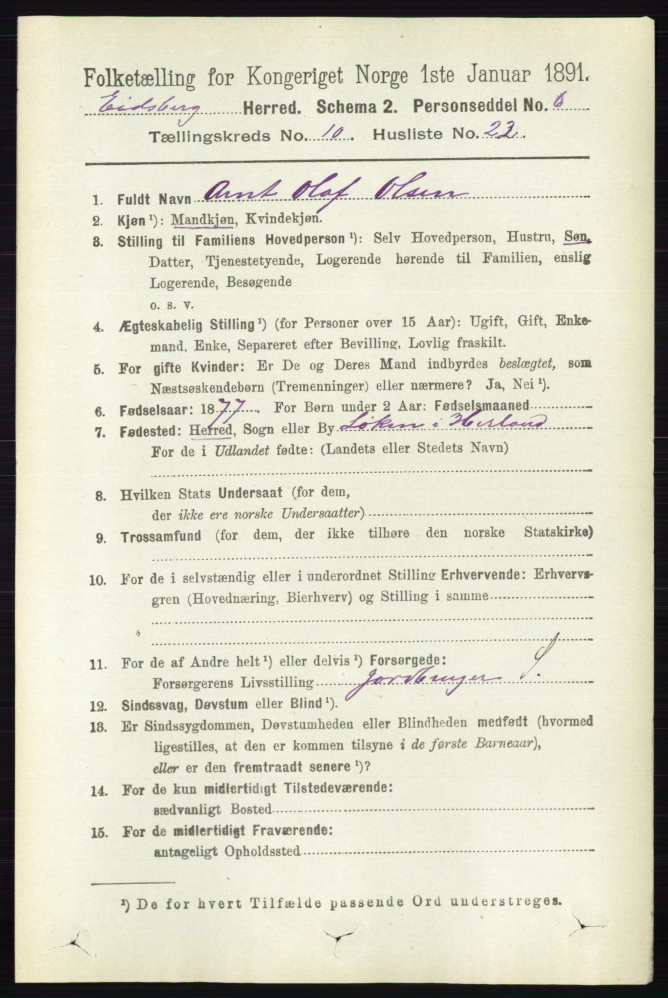 RA, 1891 census for 0125 Eidsberg, 1891, p. 5798