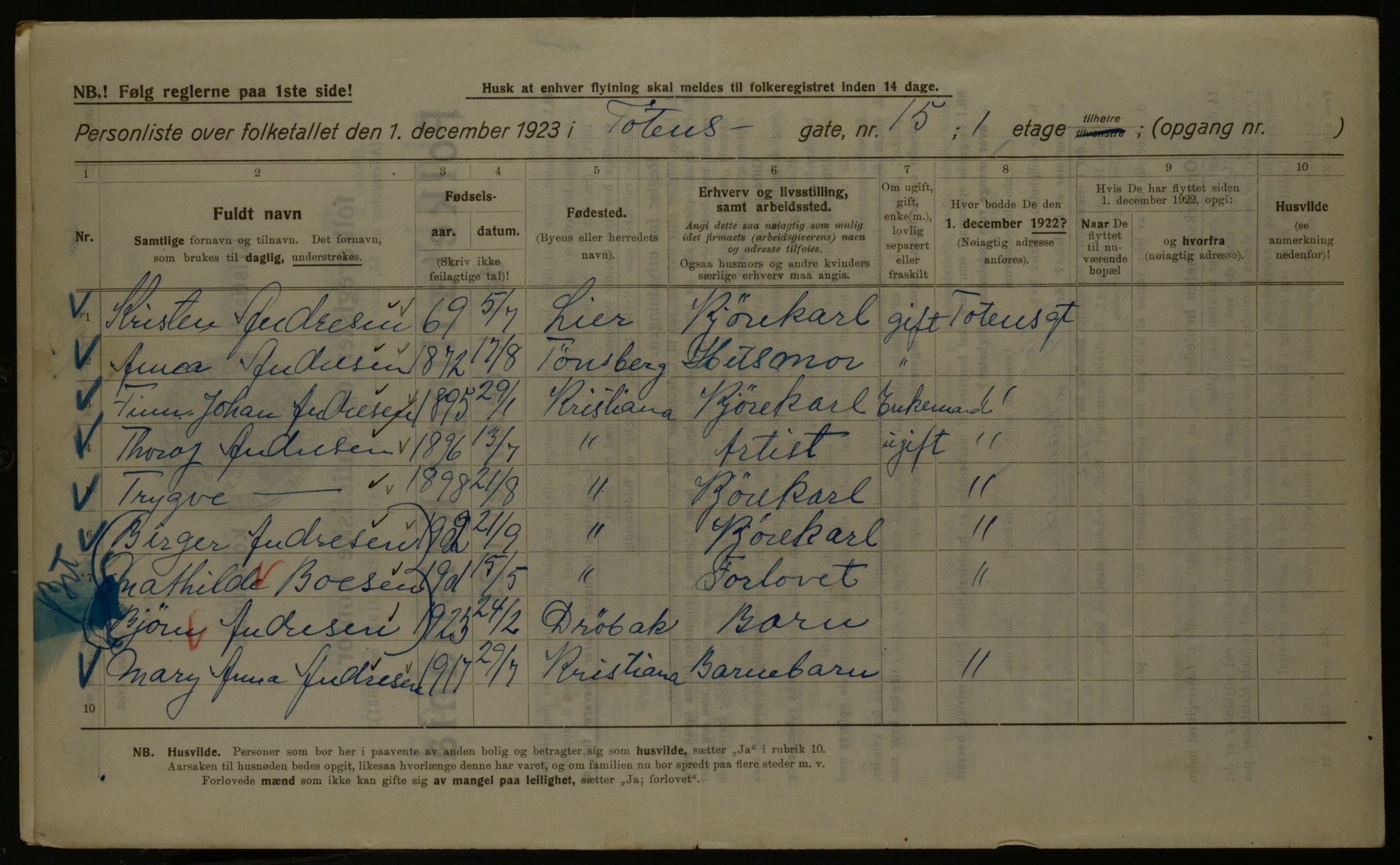 OBA, Municipal Census 1923 for Kristiania, 1923, p. 127319