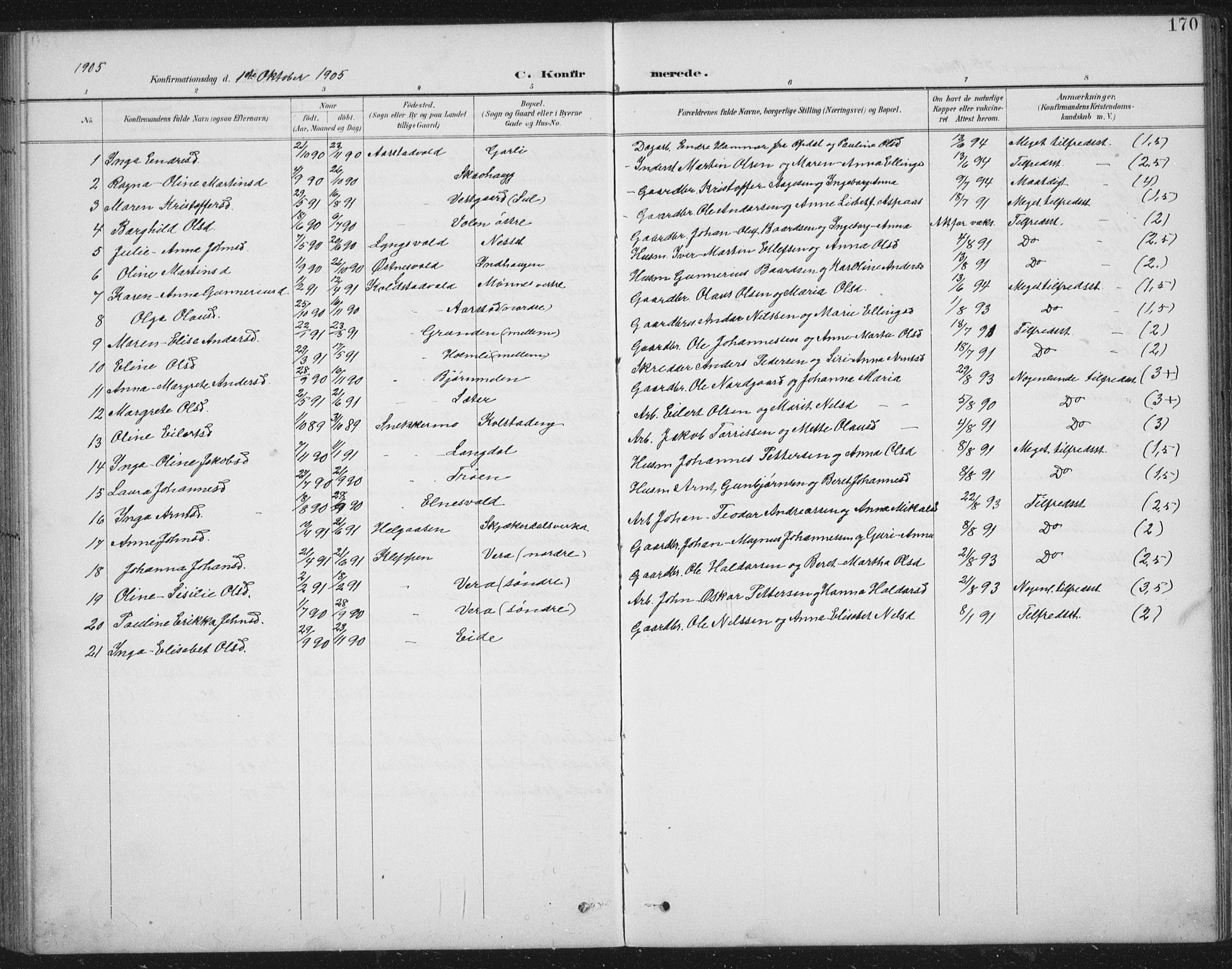 Ministerialprotokoller, klokkerbøker og fødselsregistre - Nord-Trøndelag, SAT/A-1458/724/L0269: Parish register (copy) no. 724C05, 1899-1920, p. 170