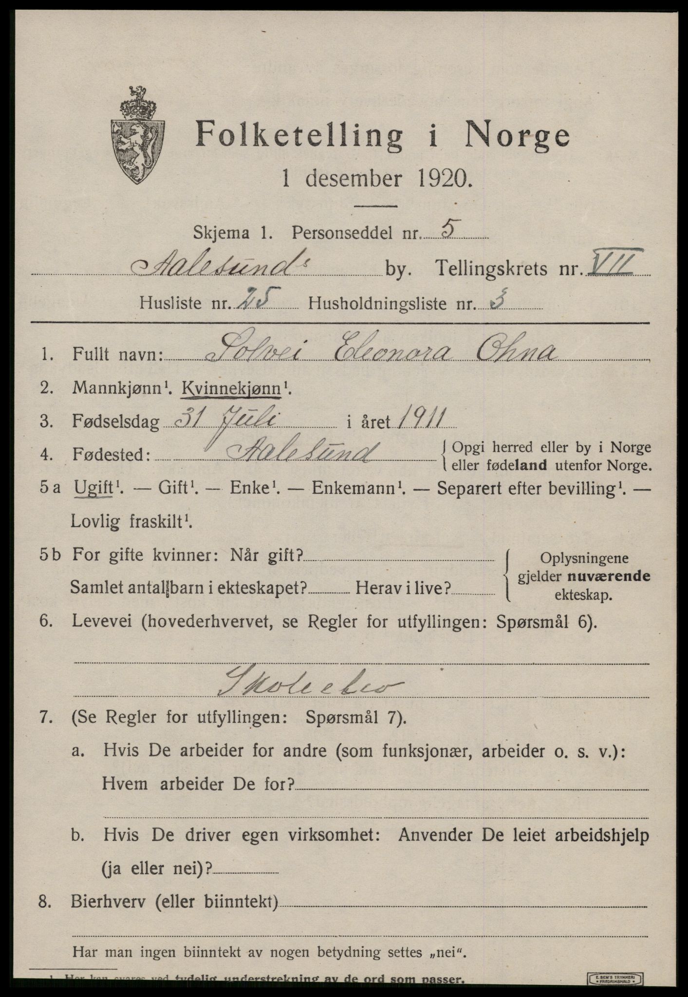 SAT, 1920 census for Ålesund, 1920, p. 20040