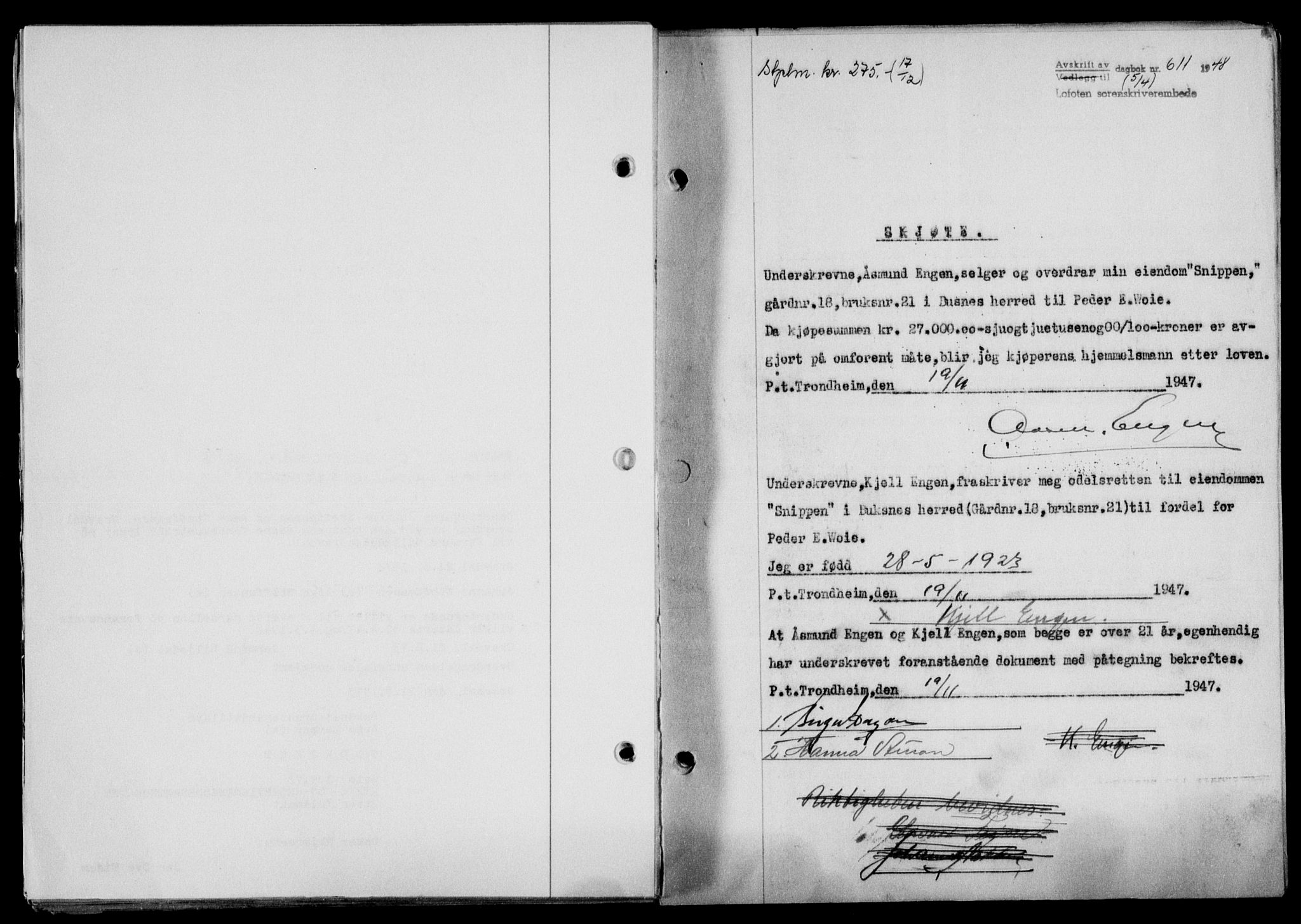 Lofoten sorenskriveri, SAT/A-0017/1/2/2C/L0018a: Mortgage book no. 18a, 1948-1948, Diary no: : 611/1948