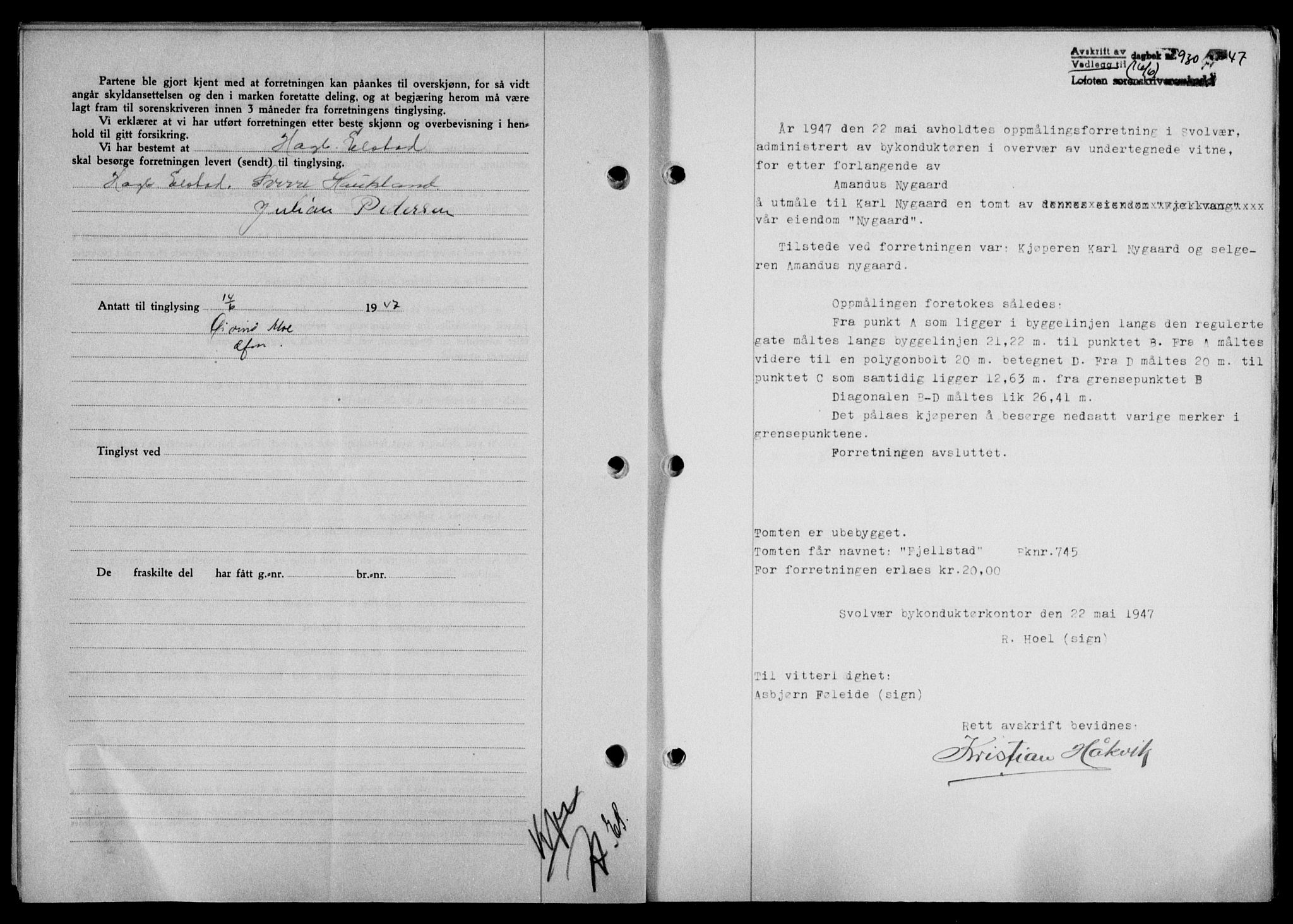 Lofoten sorenskriveri, SAT/A-0017/1/2/2C/L0016a: Mortgage book no. 16a, 1947-1947, Diary no: : 930/1947