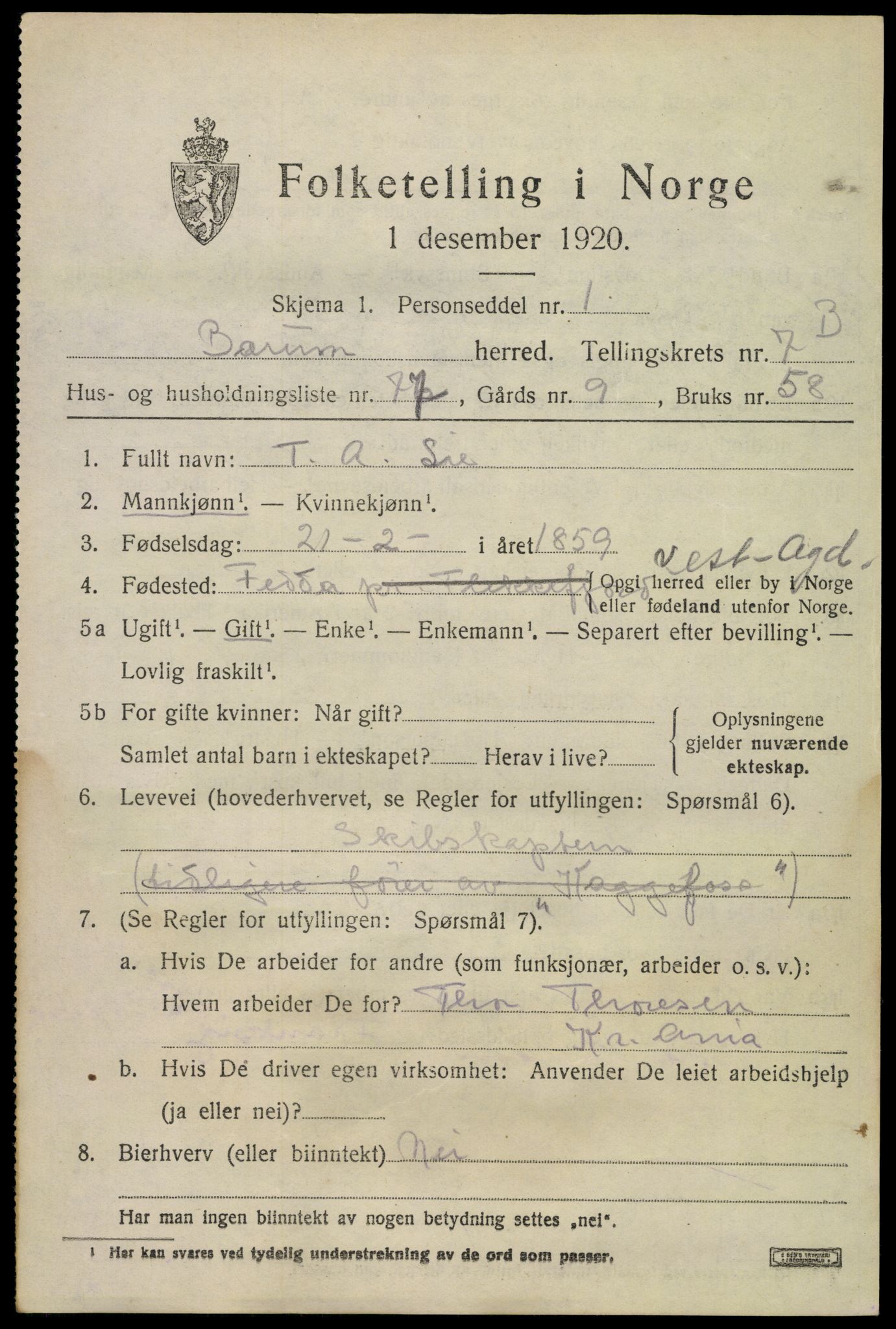 SAO, 1920 census for Bærum, 1920, p. 18190