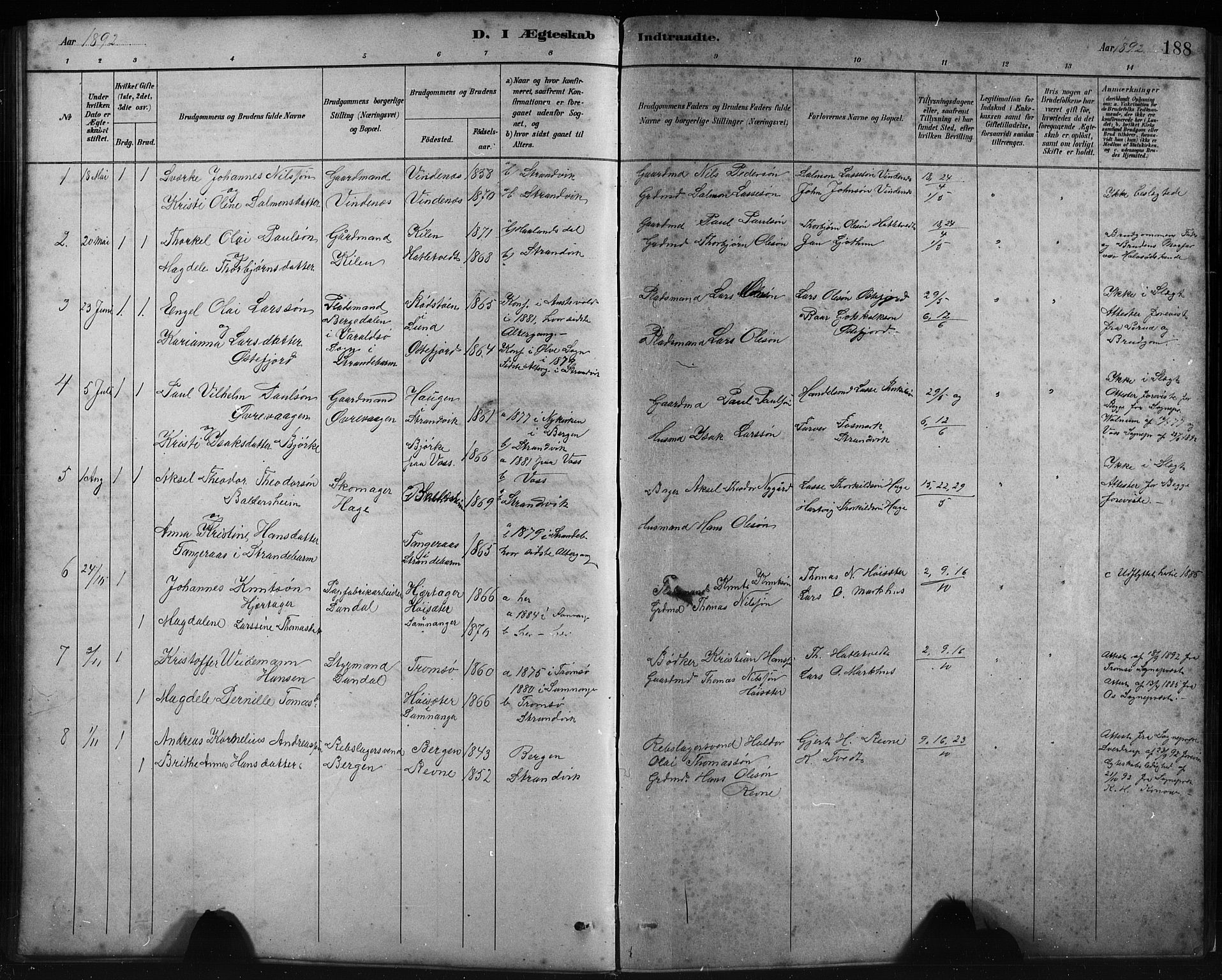 Fusa sokneprestembete, SAB/A-75401/H/Hab: Parish register (copy) no. C 2, 1886-1926, p. 188