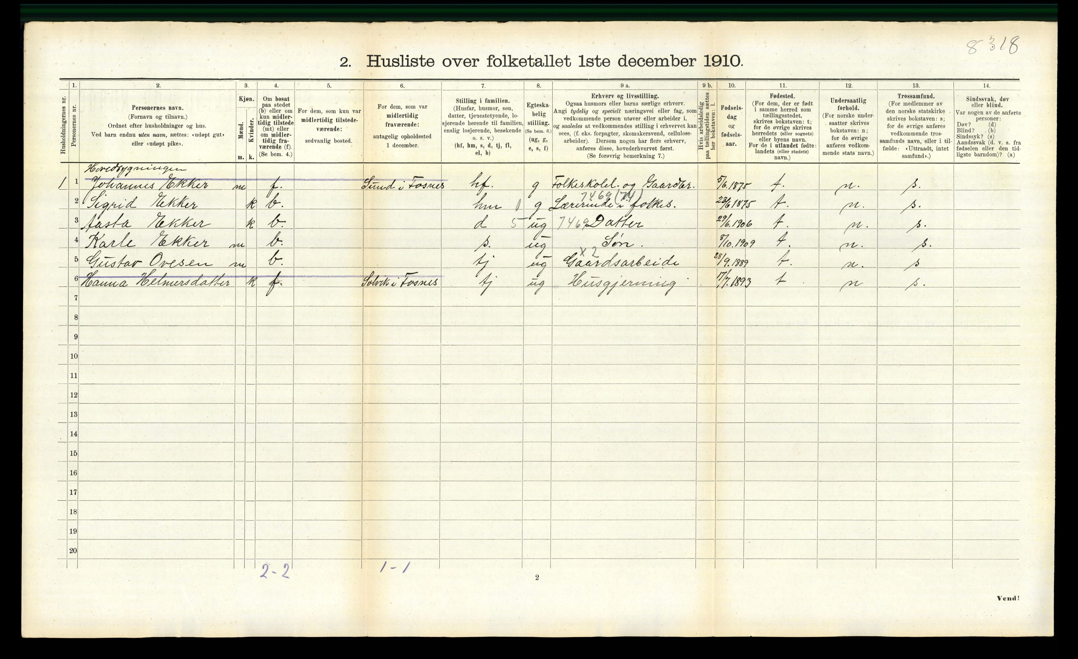 RA, 1910 census for Fosnes, 1910, p. 726