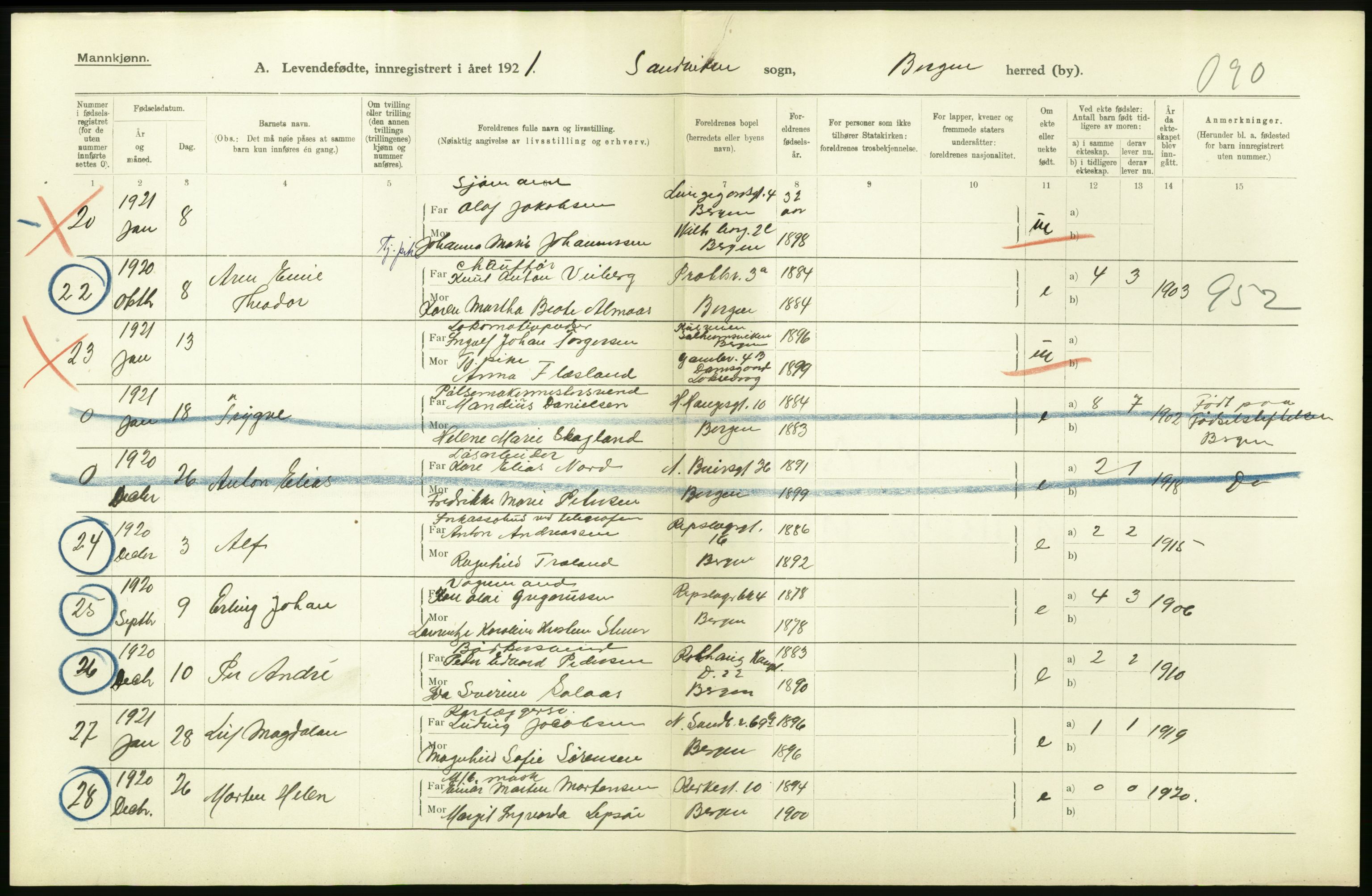 Statistisk sentralbyrå, Sosiodemografiske emner, Befolkning, AV/RA-S-2228/D/Df/Dfc/Dfca/L0034: Bergen: Levendefødte menn og kvinner., 1921, p. 8