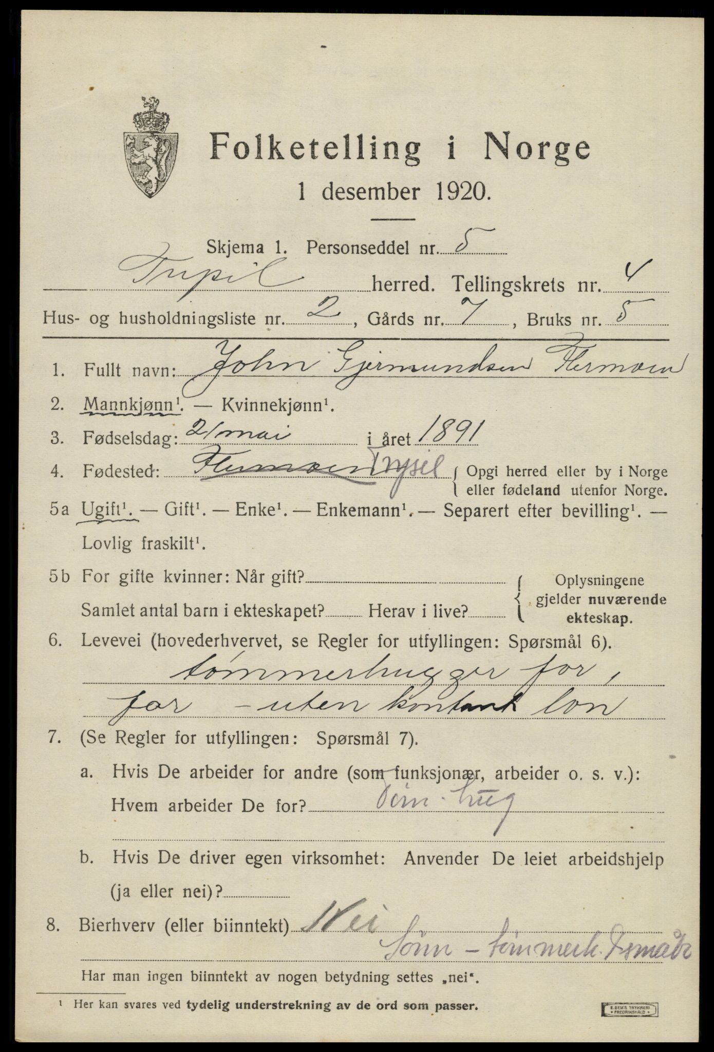 SAH, 1920 census for Trysil, 1920, p. 4097