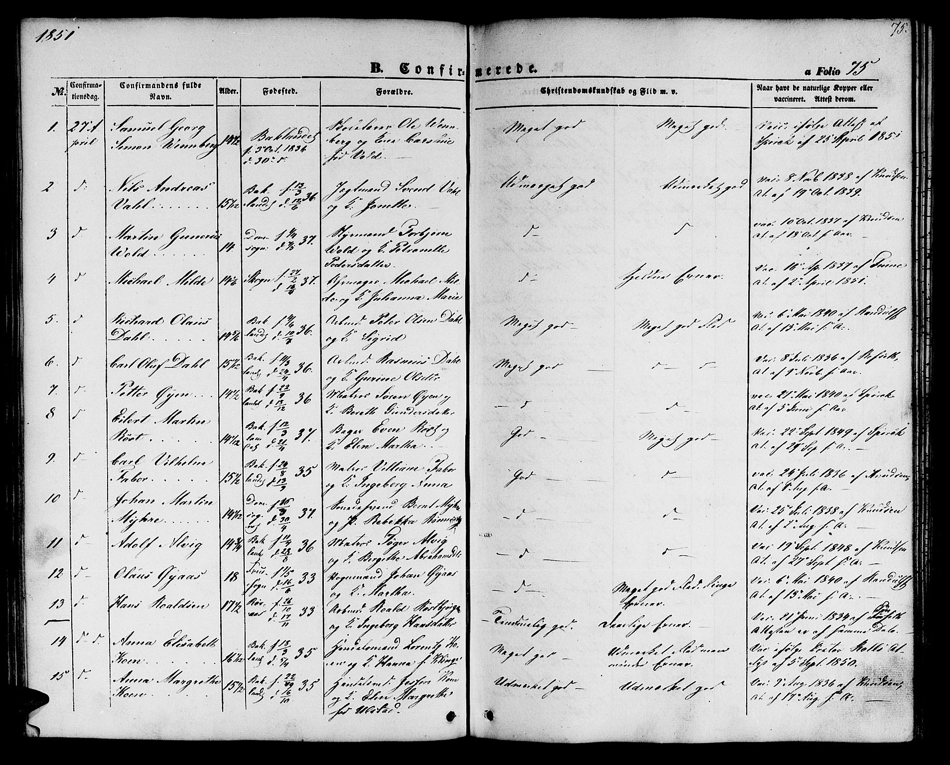 Ministerialprotokoller, klokkerbøker og fødselsregistre - Sør-Trøndelag, SAT/A-1456/604/L0184: Parish register (official) no. 604A05, 1851-1860, p. 75