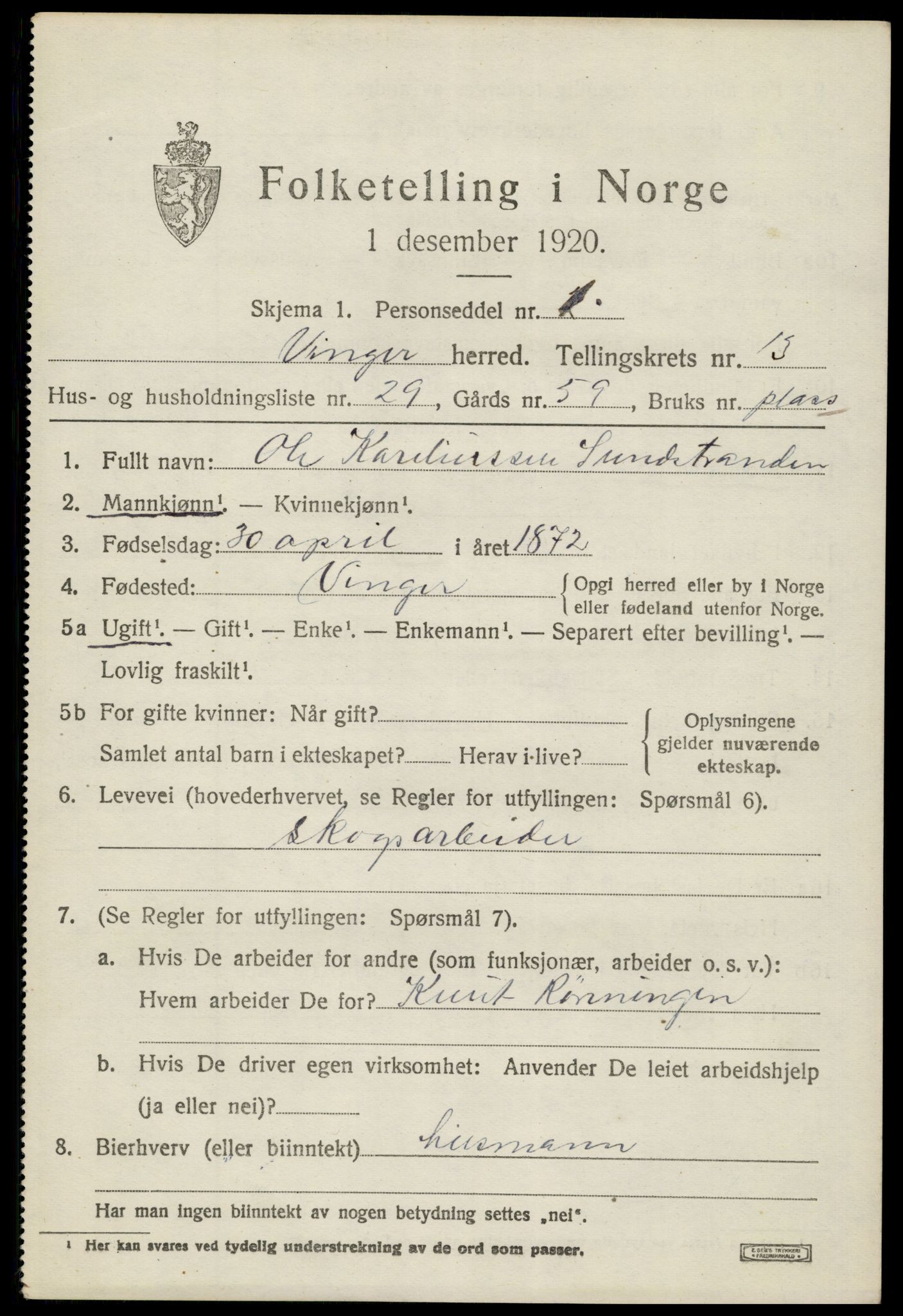 SAH, 1920 census for Vinger, 1920, p. 11372