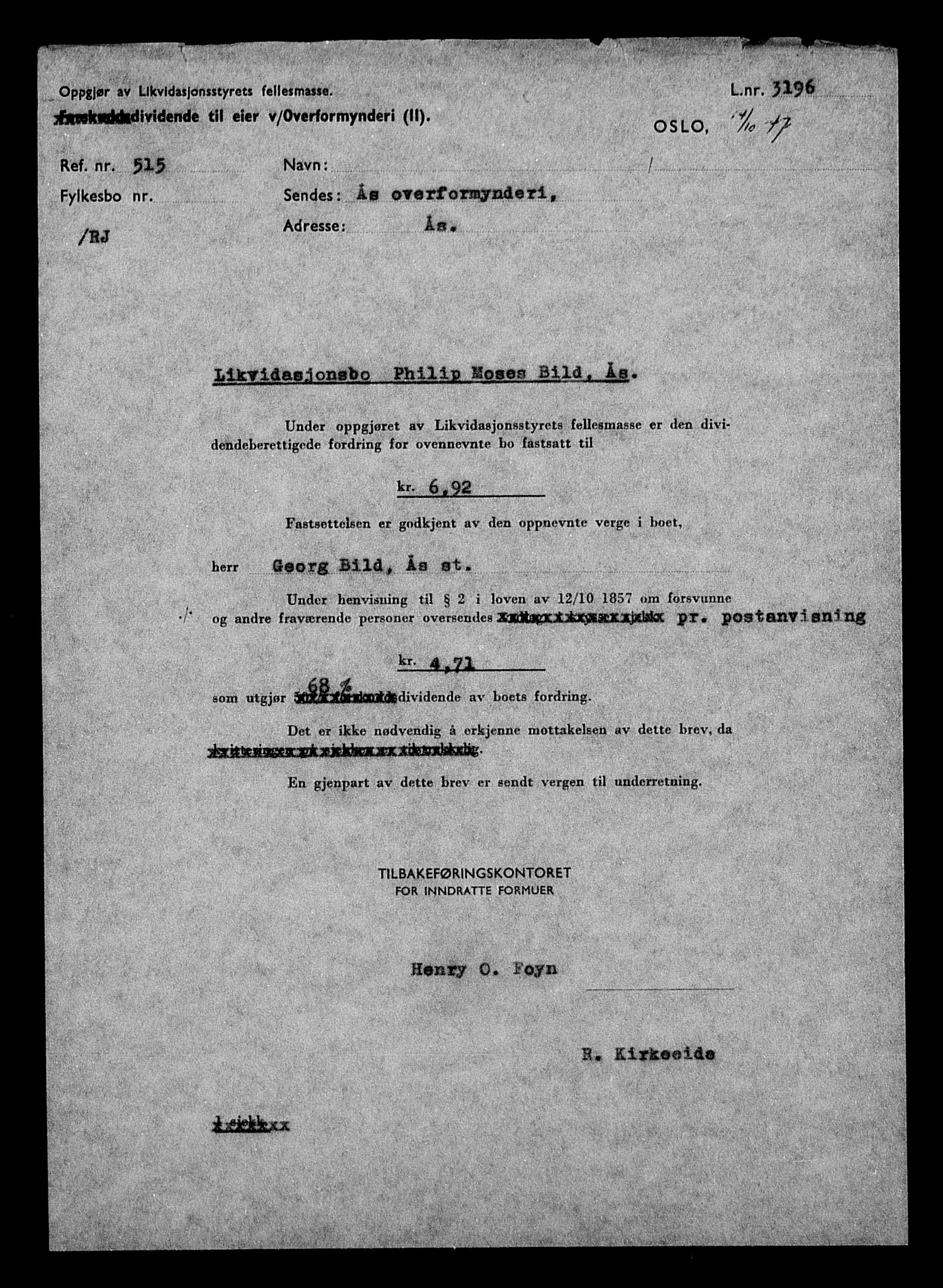 Justisdepartementet, Tilbakeføringskontoret for inndratte formuer, AV/RA-S-1564/H/Hc/Hcc/L0924: --, 1945-1947, p. 129