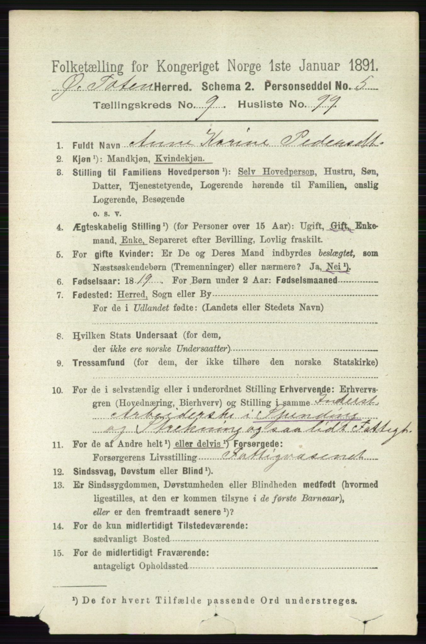 RA, 1891 census for 0528 Østre Toten, 1891, p. 6197