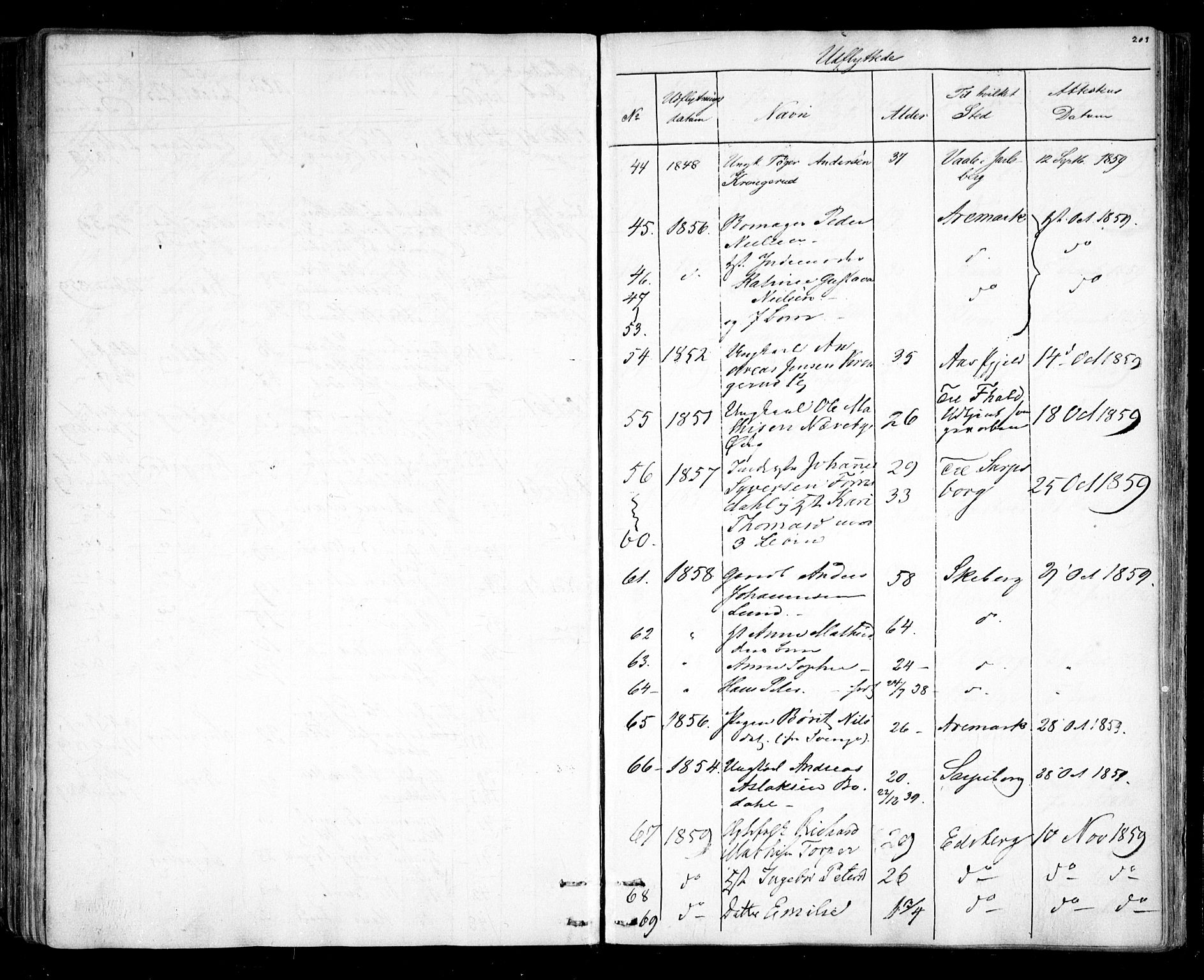 Rakkestad prestekontor Kirkebøker, AV/SAO-A-2008/F/Fa/L0010: Parish register (official) no. I 10, 1857-1861, p. 203