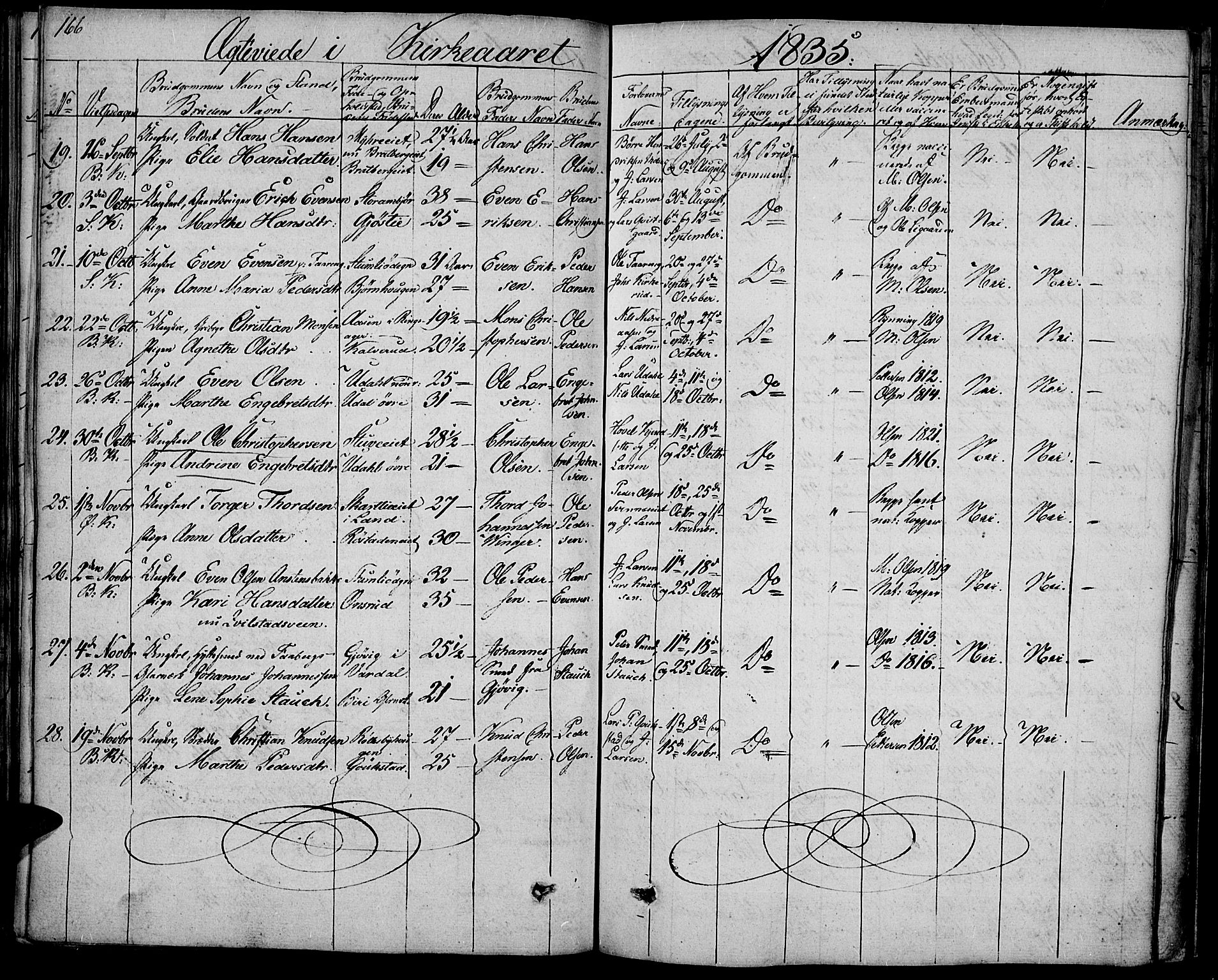 Biri prestekontor, SAH/PREST-096/H/Ha/Haa/L0004: Parish register (official) no. 4, 1829-1842, p. 166