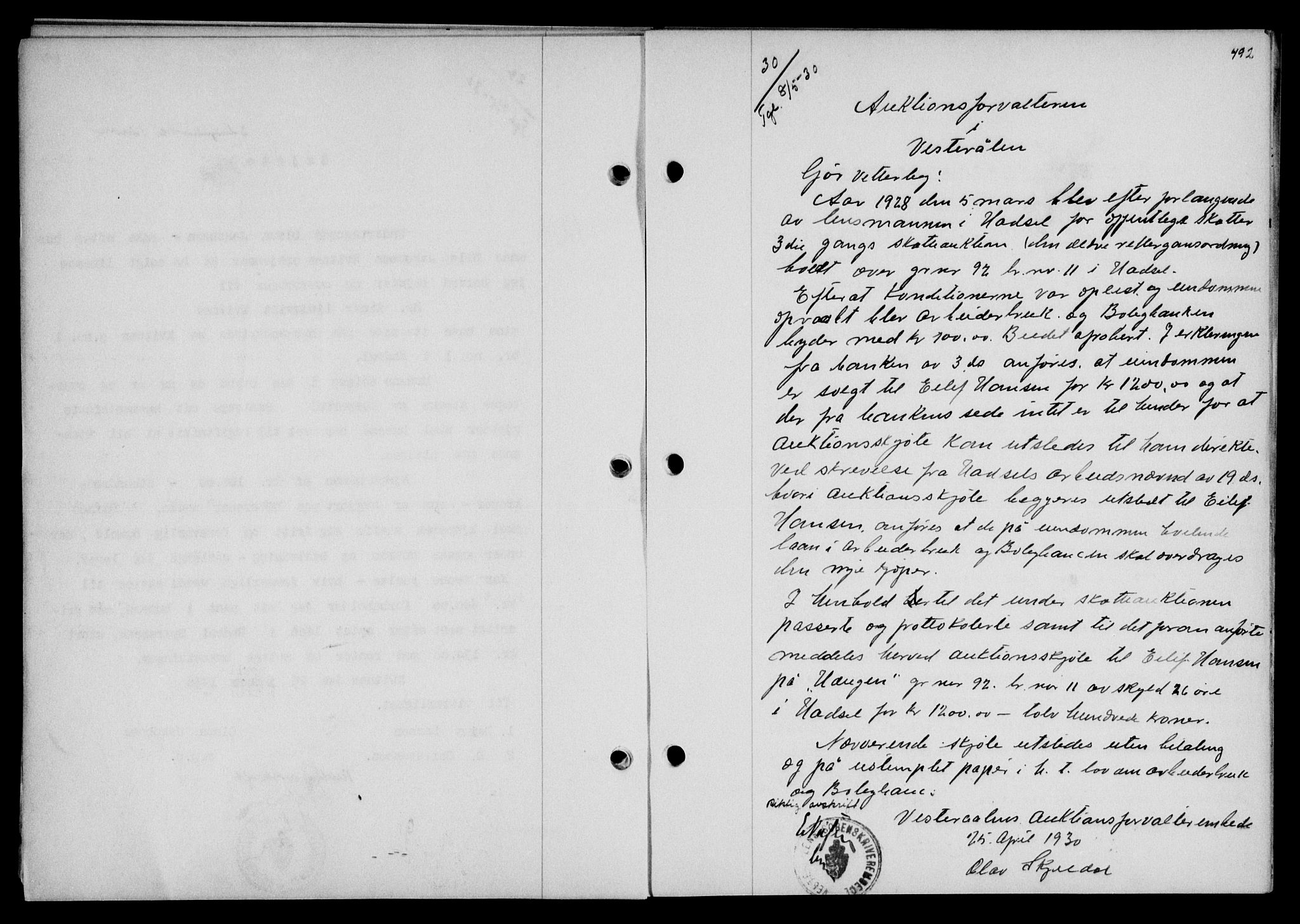 Vesterålen sorenskriveri, SAT/A-4180/1/2/2Ca/L0050: Mortgage book no. 43, 1929-1930, Deed date: 08.05.1930
