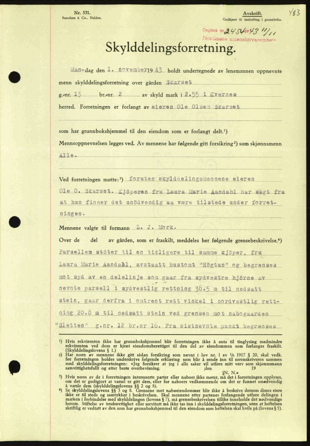 Nordmøre sorenskriveri, SAT/A-4132/1/2/2Ca: Mortgage book no. A96, 1943-1944, Diary no: : 2454/1943
