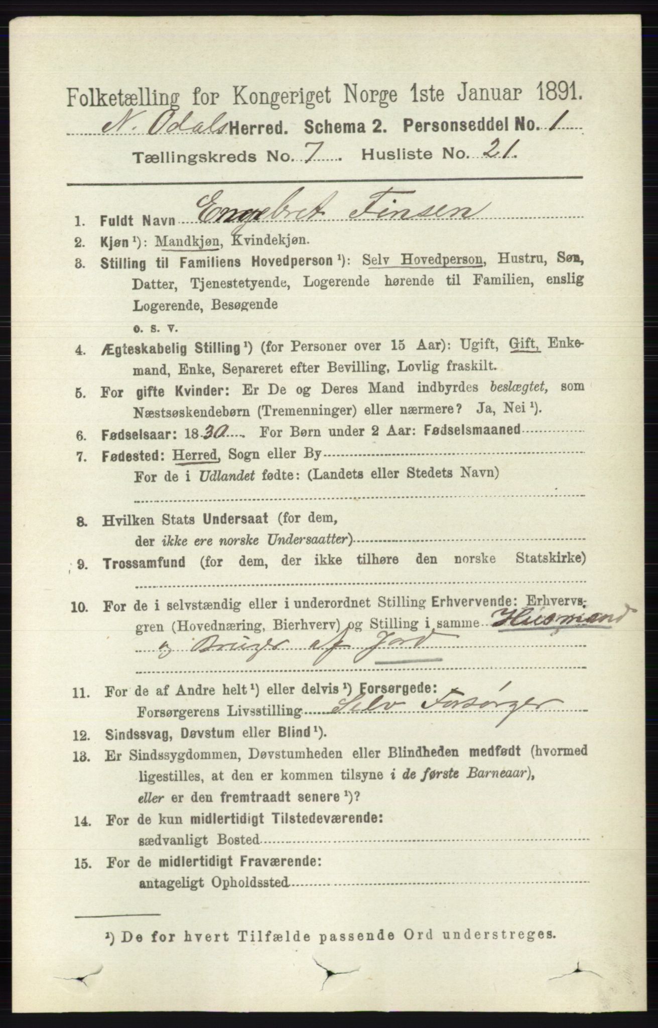 RA, 1891 census for 0418 Nord-Odal, 1891, p. 2937