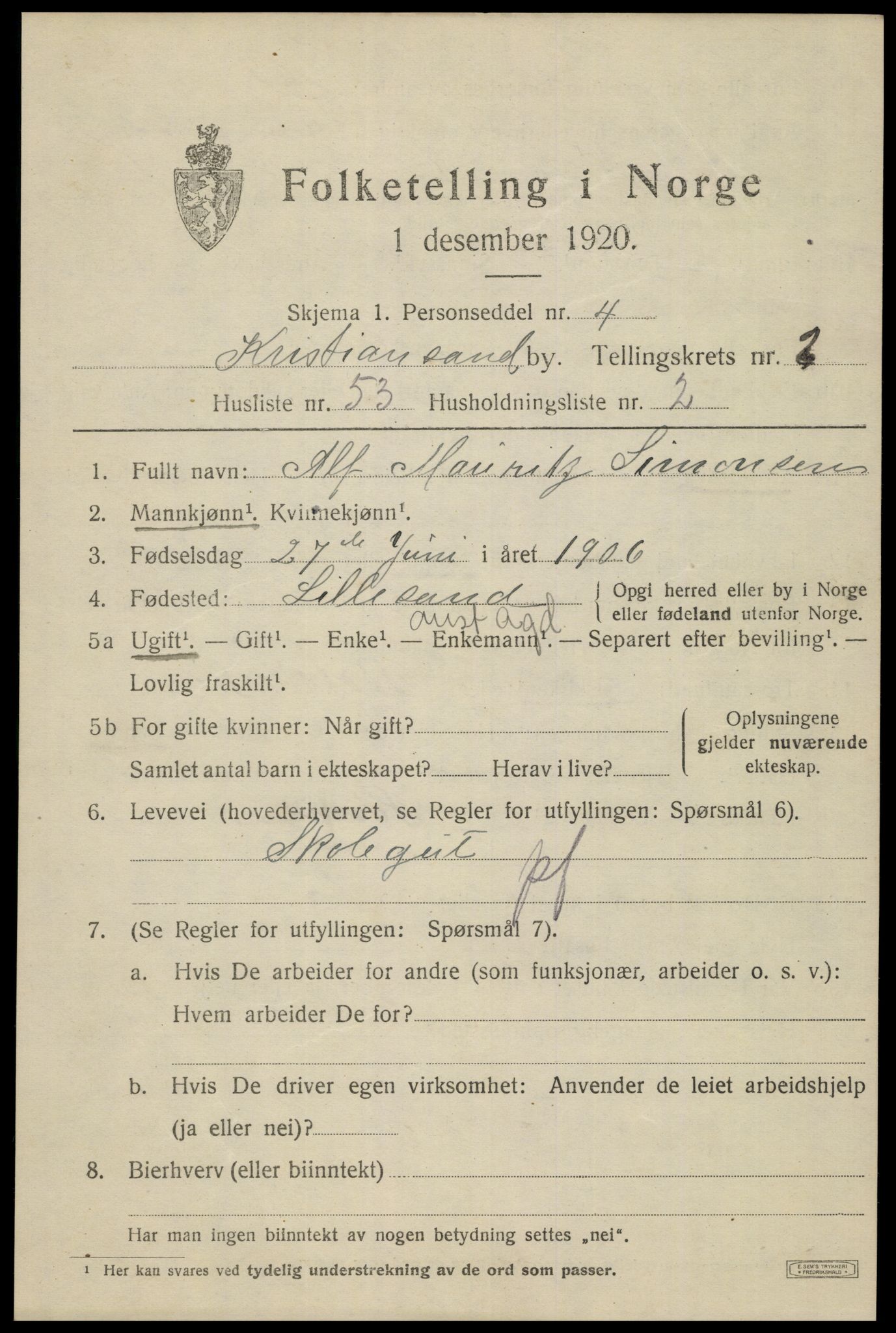 SAK, 1920 census for Kristiansand, 1920, p. 13455