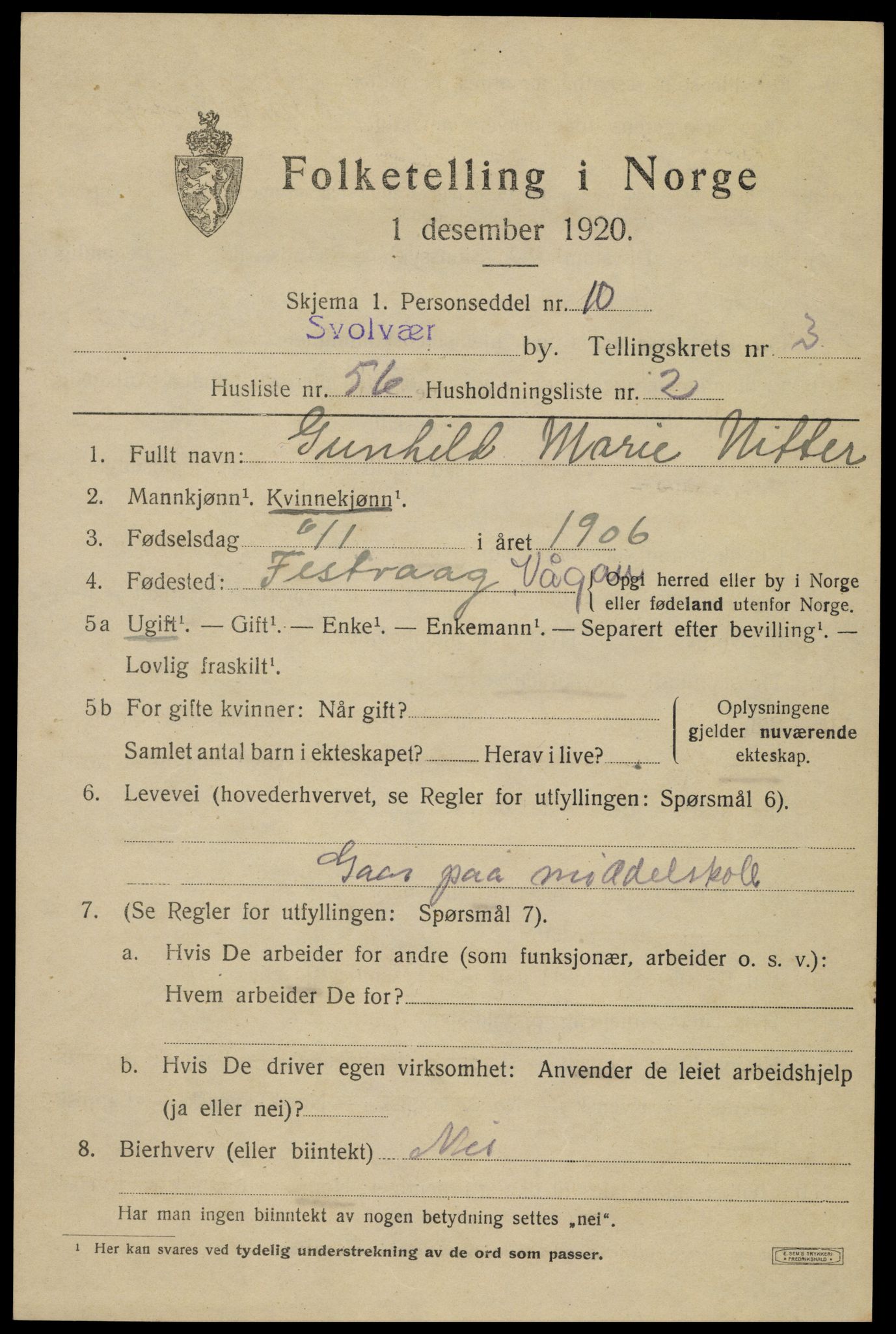 SAT, 1920 census for Svolvær, 1920, p. 4940