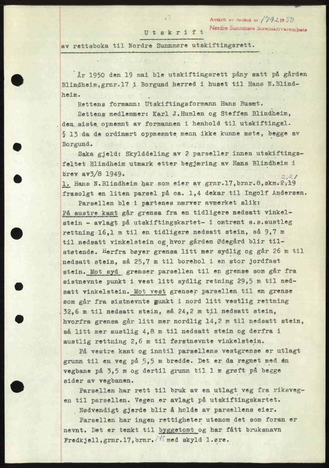 Nordre Sunnmøre sorenskriveri, SAT/A-0006/1/2/2C/2Ca: Mortgage book no. A35, 1950-1950, Diary no: : 1792/1950