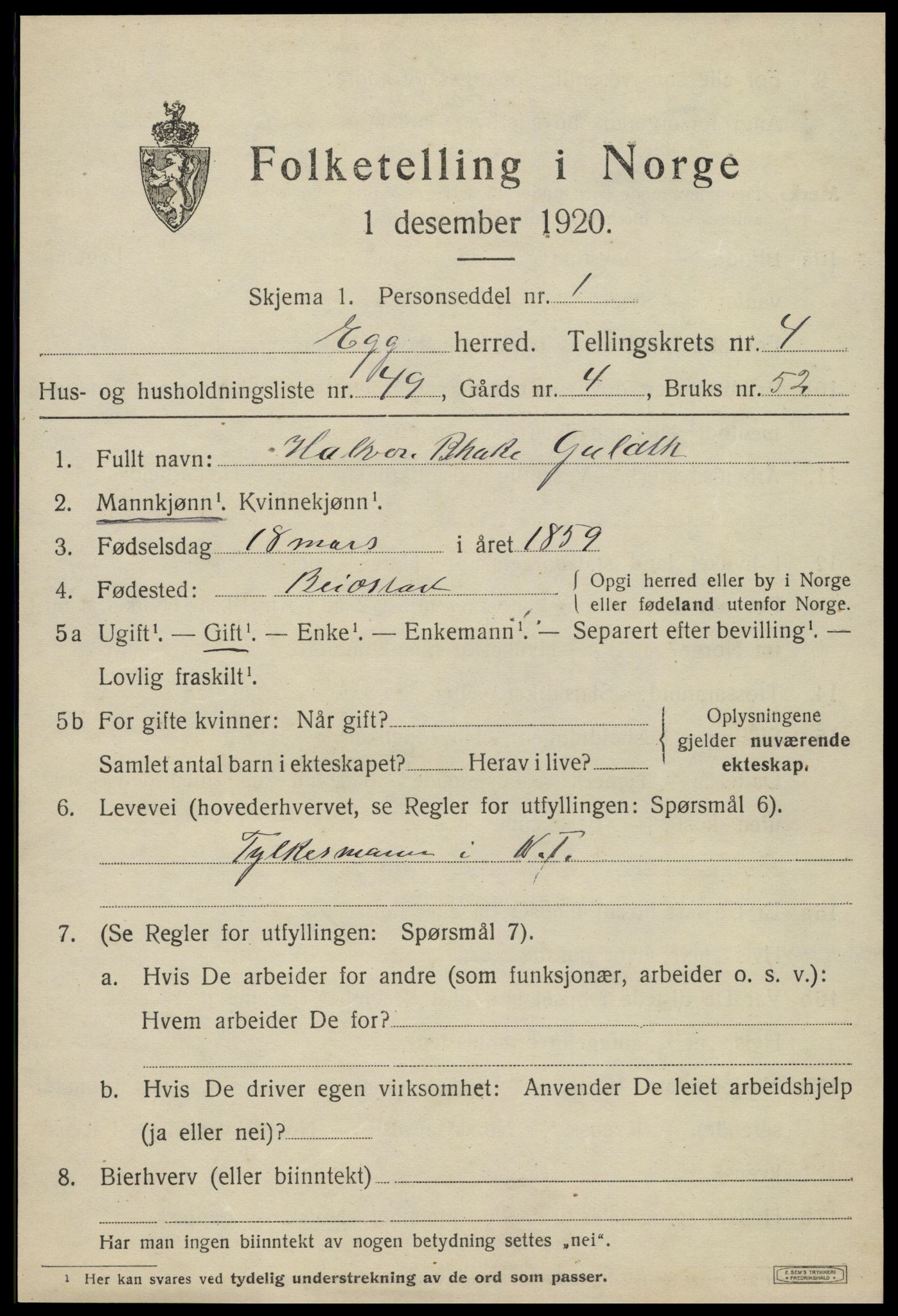 SAT, 1920 census for Egge, 1920, p. 3042