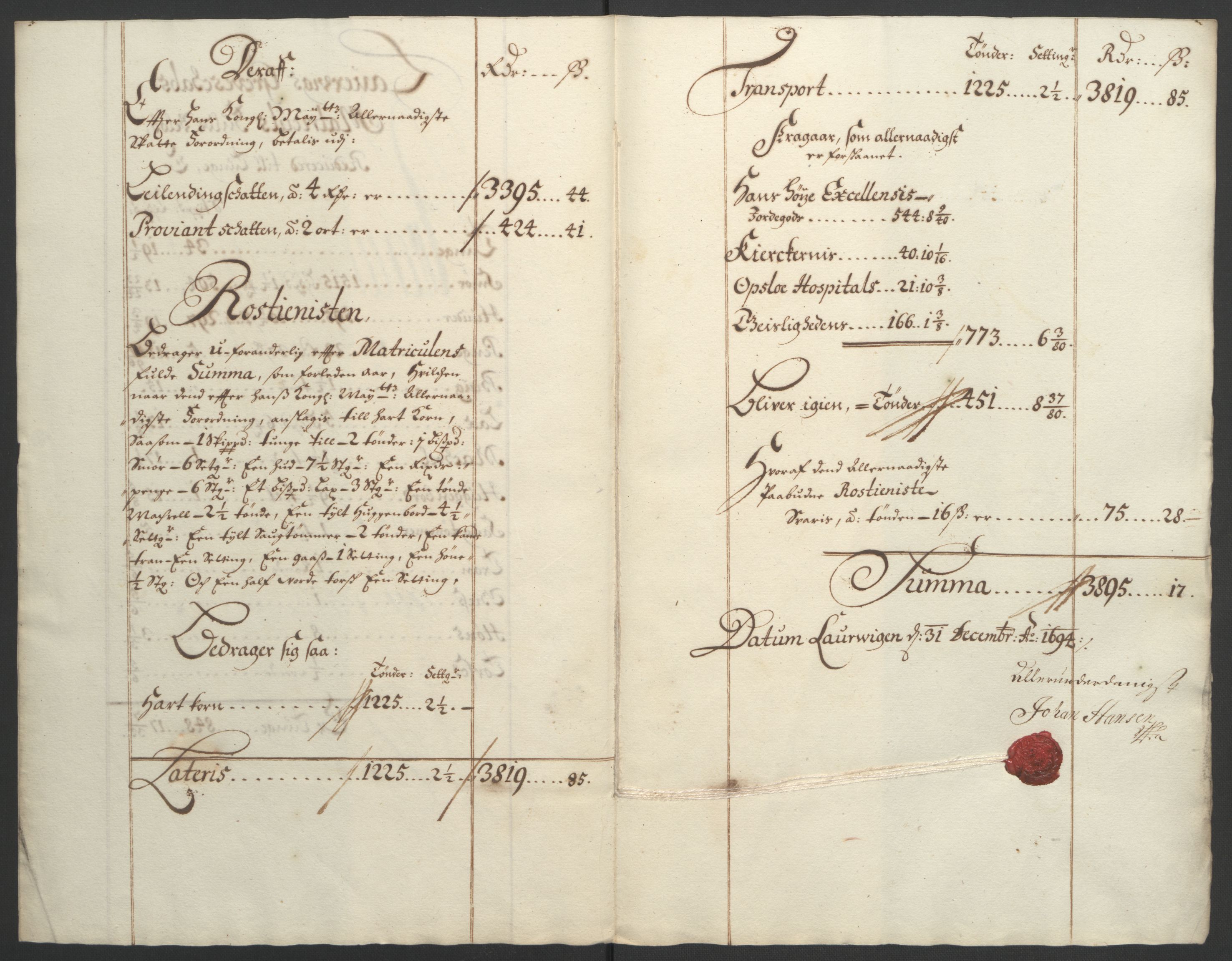 Rentekammeret inntil 1814, Reviderte regnskaper, Fogderegnskap, AV/RA-EA-4092/R33/L1974: Fogderegnskap Larvik grevskap, 1693-1695, p. 86