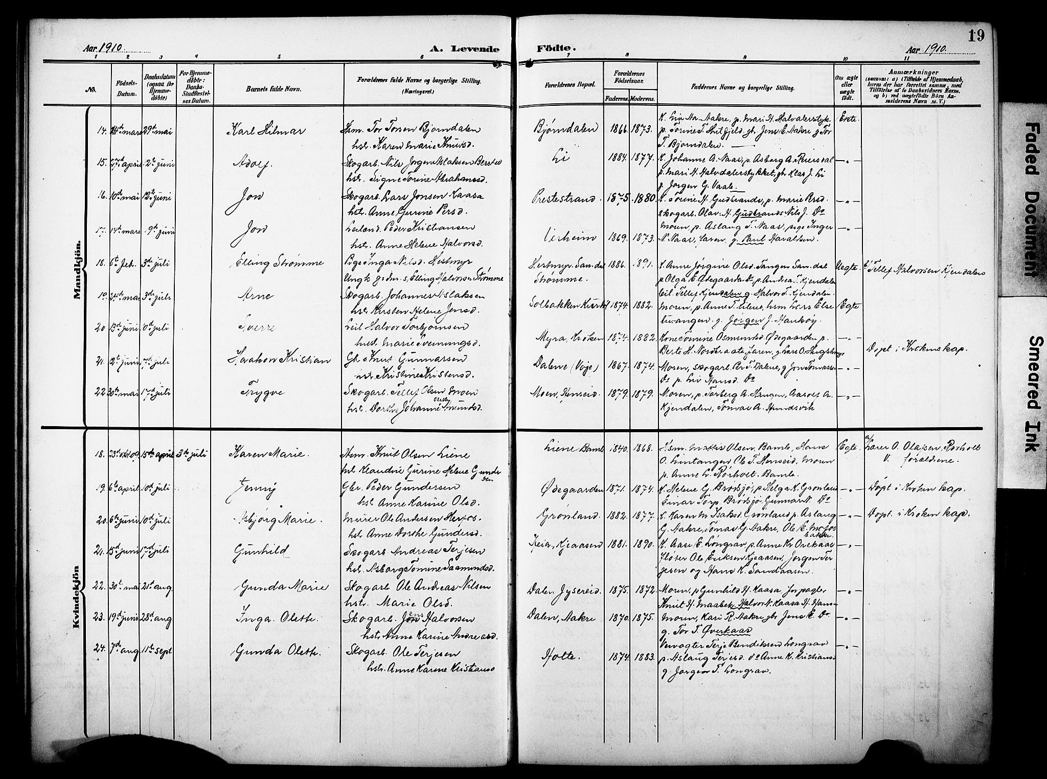 Drangedal kirkebøker, AV/SAKO-A-258/G/Ga/L0004: Parish register (copy) no. I 4, 1901-1933, p. 19