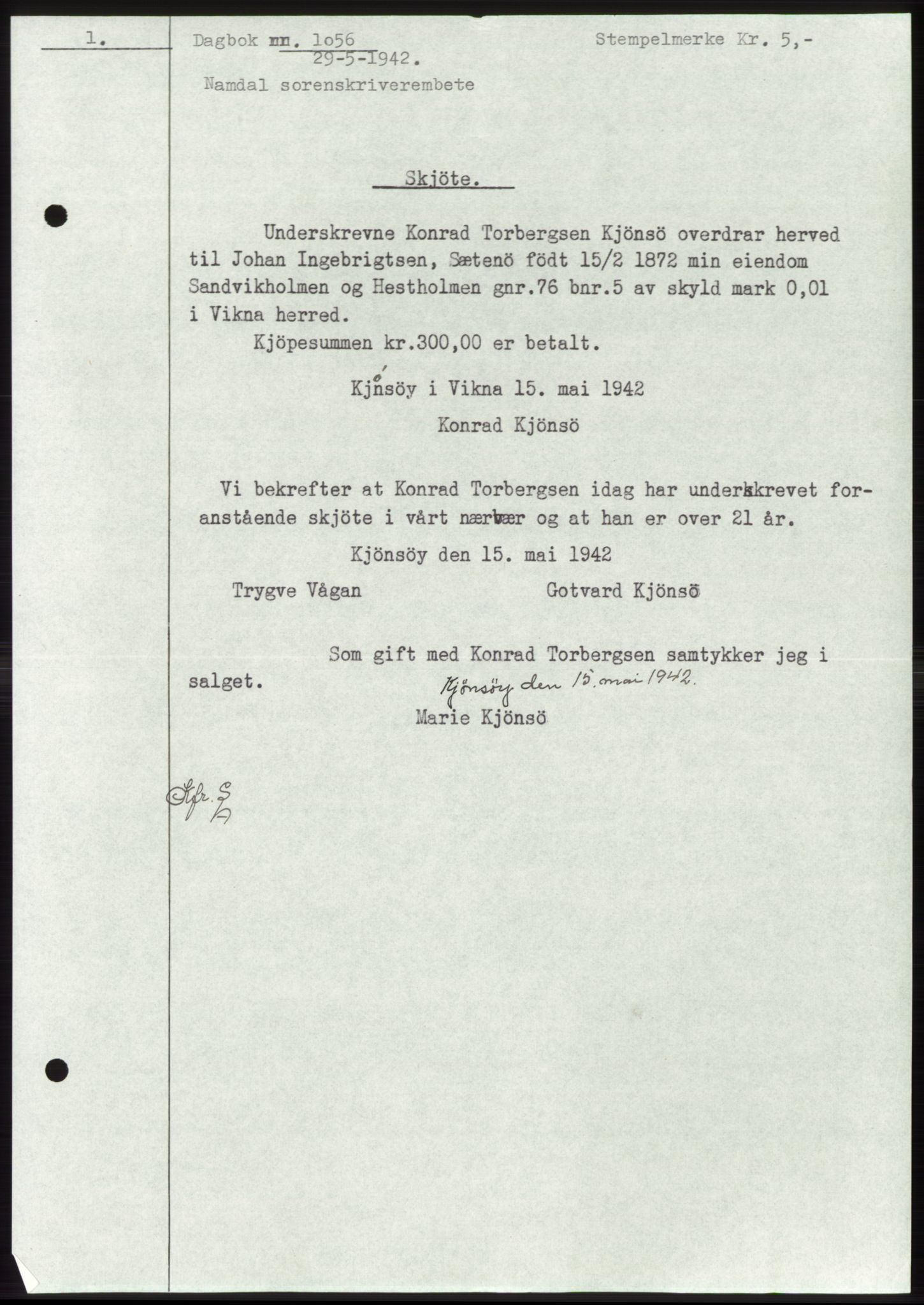 Namdal sorenskriveri, SAT/A-4133/1/2/2C: Mortgage book no. -, 1941-1942, Diary no: : 1056/1942