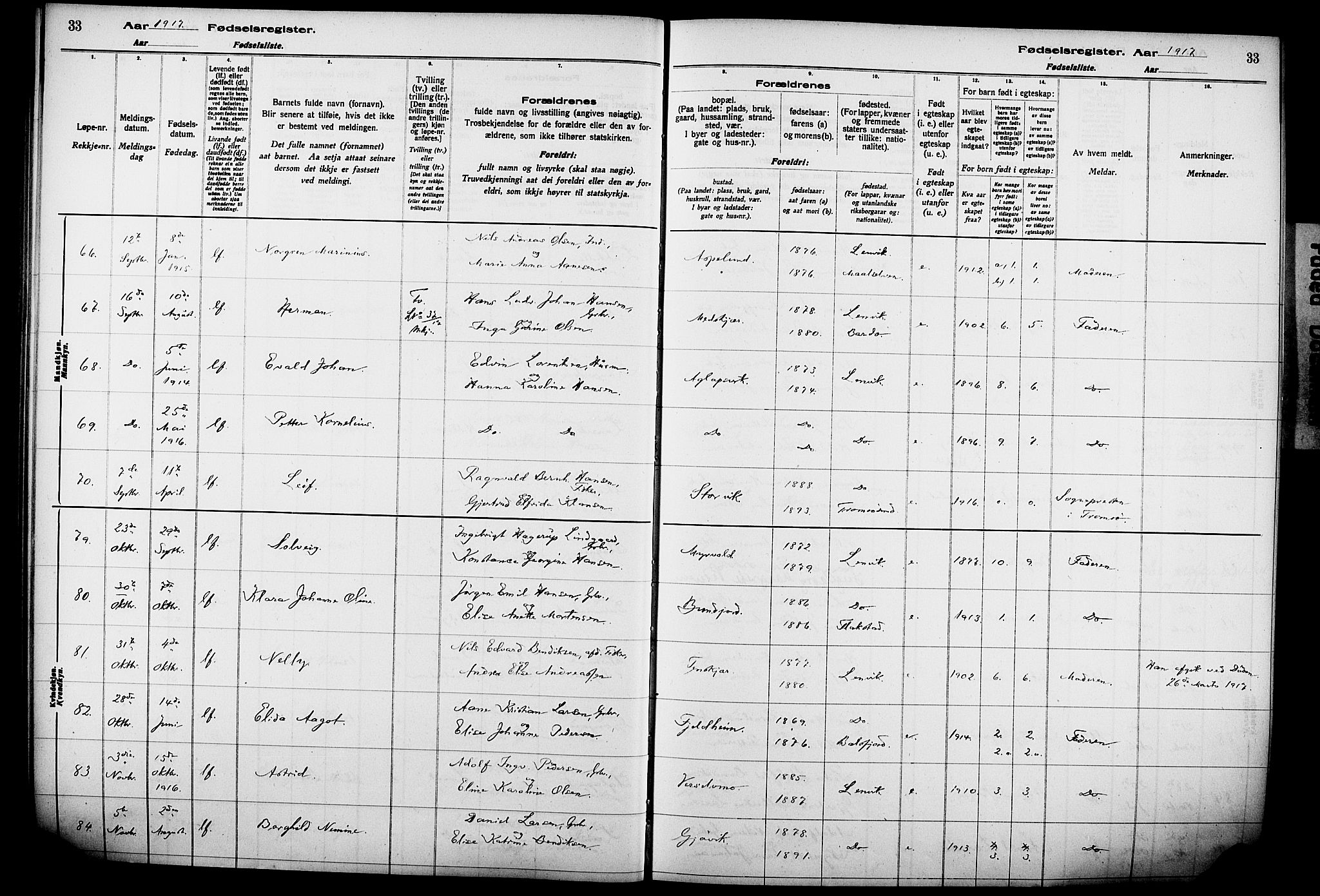 Lenvik sokneprestembete, AV/SATØ-S-1310/I/Ic/L0089: Birth register no. 89, 1916-1926, p. 33