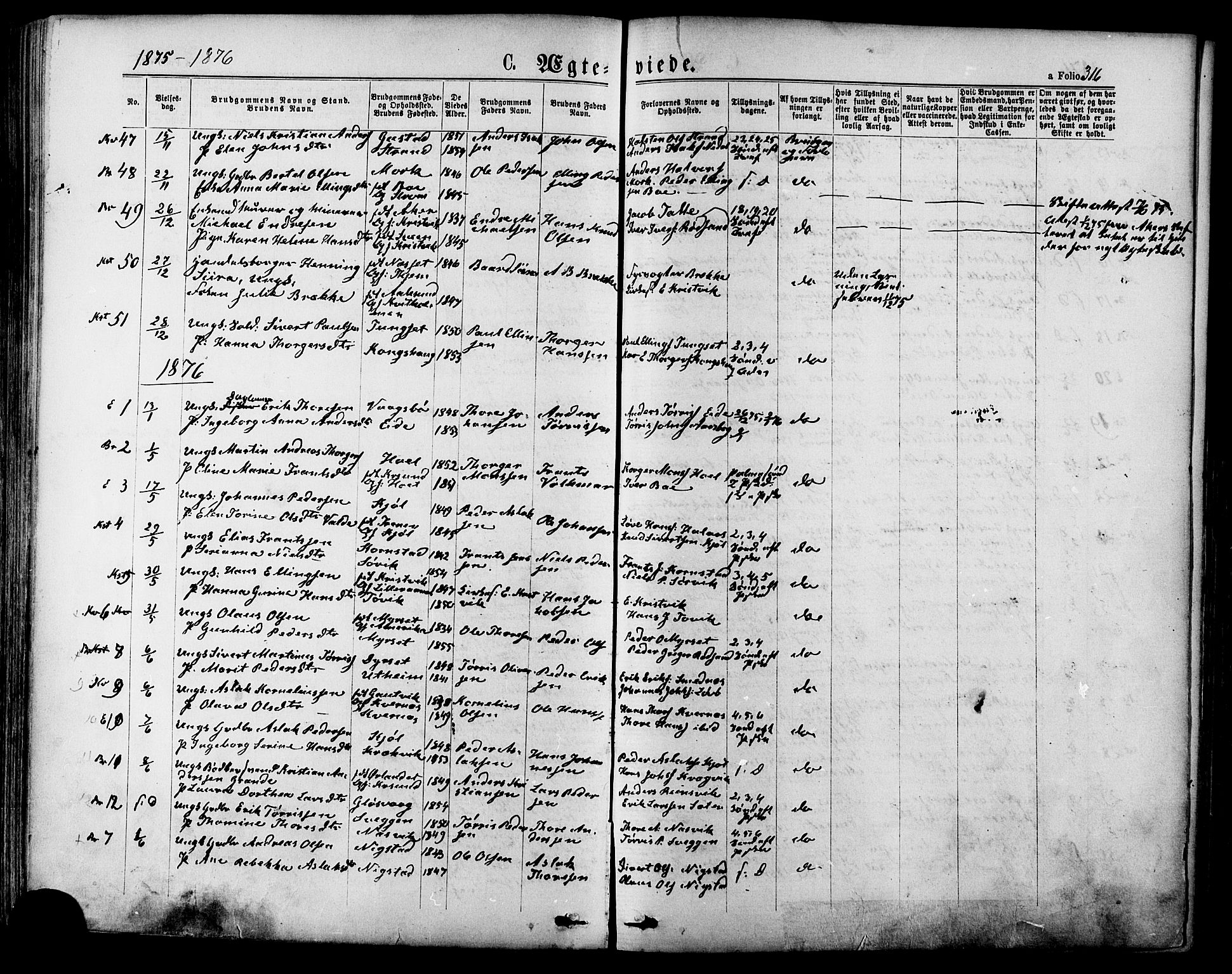 Ministerialprotokoller, klokkerbøker og fødselsregistre - Møre og Romsdal, AV/SAT-A-1454/568/L0805: Parish register (official) no. 568A12 /1, 1869-1884, p. 316