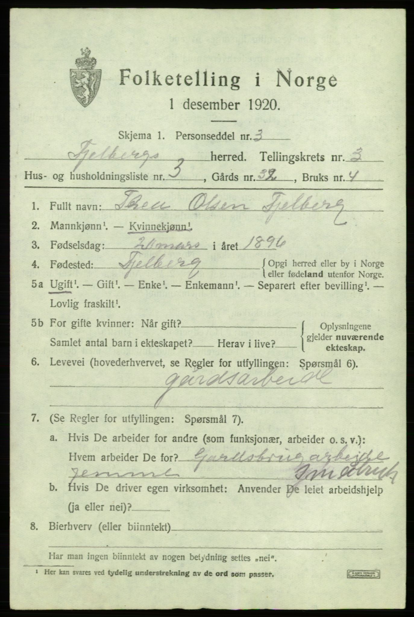 SAB, 1920 census for Fjelberg, 1920, p. 1127