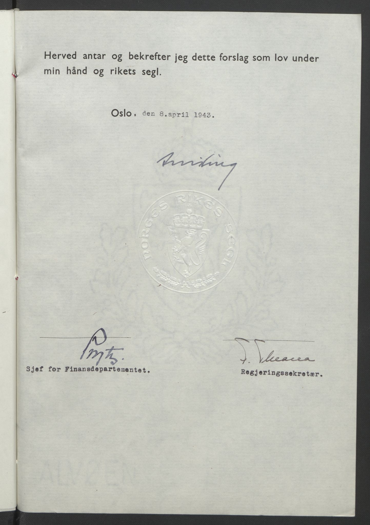 NS-administrasjonen 1940-1945 (Statsrådsekretariatet, de kommisariske statsråder mm), AV/RA-S-4279/D/Db/L0099: Lover, 1943, p. 264