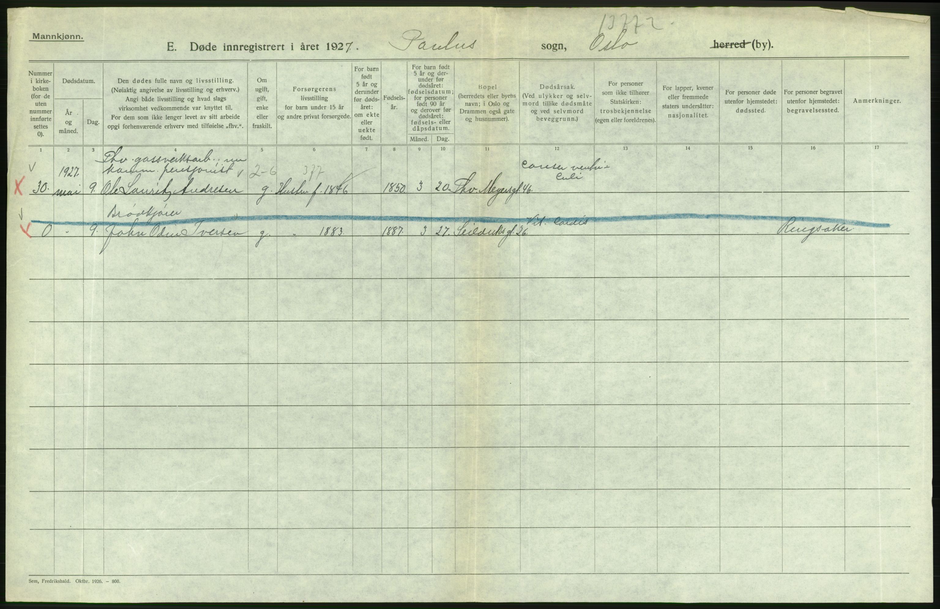 Statistisk sentralbyrå, Sosiodemografiske emner, Befolkning, AV/RA-S-2228/D/Df/Dfc/Dfcg/L0009: Oslo: Døde menn, 1927, p. 356