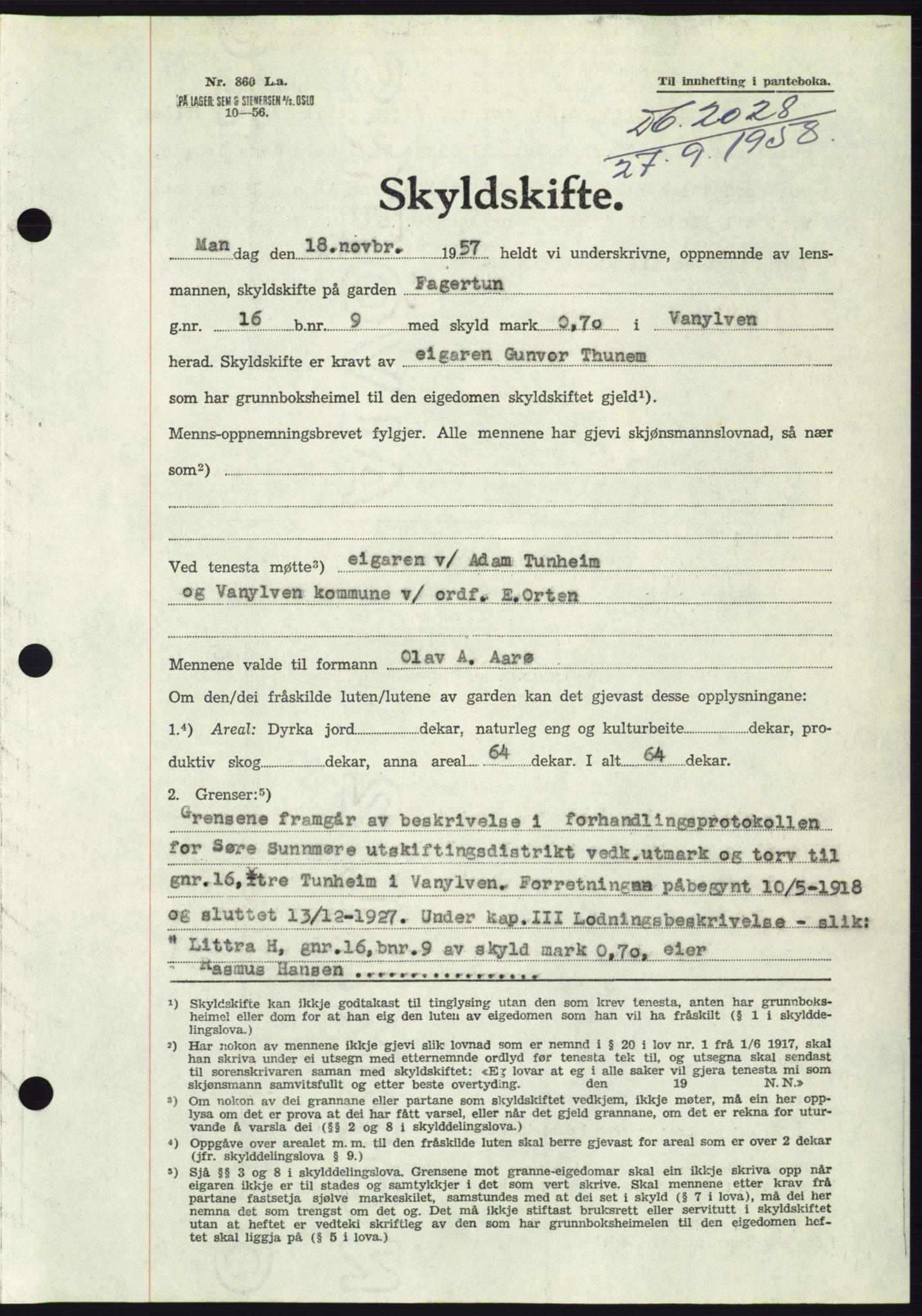 Søre Sunnmøre sorenskriveri, AV/SAT-A-4122/1/2/2C/L0110: Mortgage book no. 36A, 1958-1958, Diary no: : 2028/1958