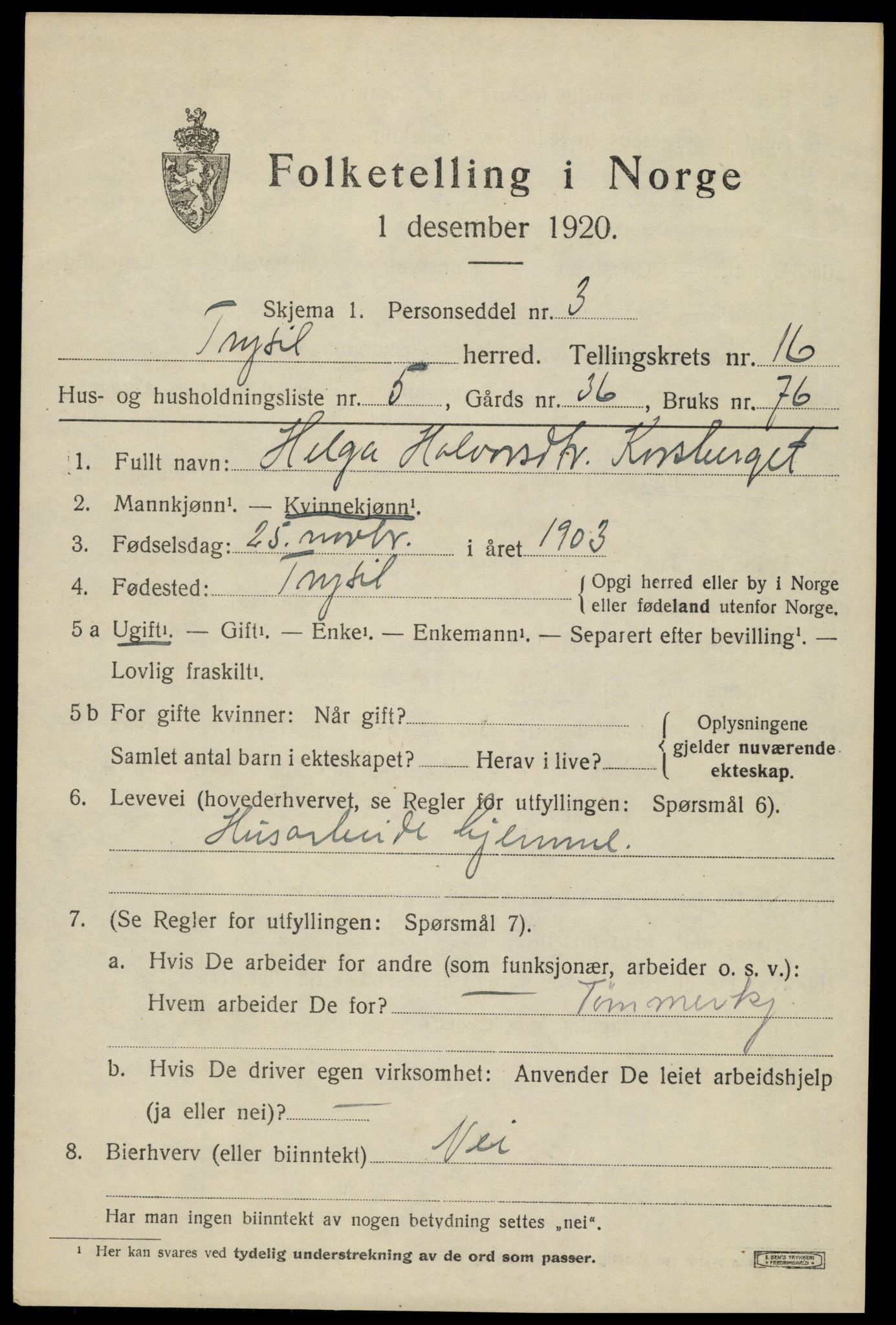 SAH, 1920 census for Trysil, 1920, p. 9493